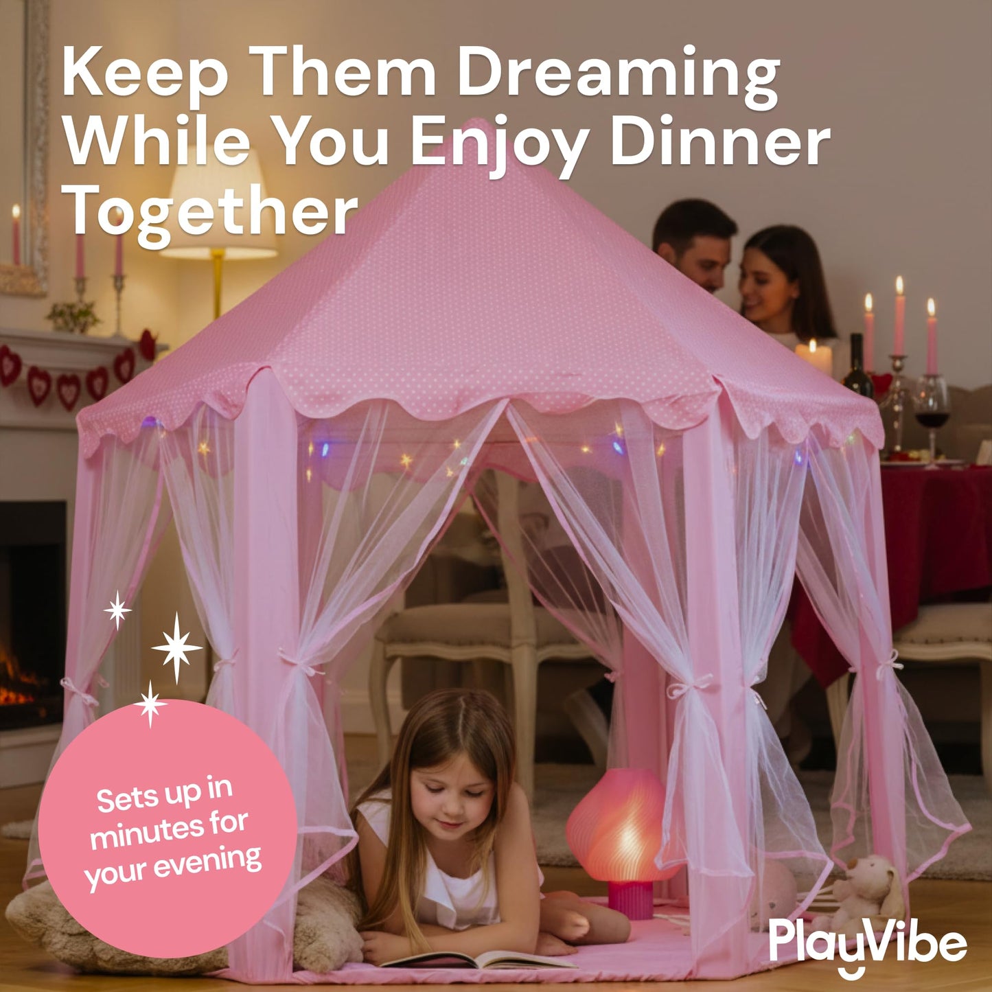 PLAYVIBE Princess Tent – 55 x 53 in Indoor Playhouse with Starry LED Lights