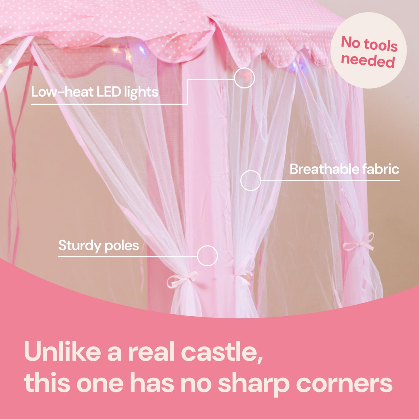 PLAYVIBE Princess Tent – 55 x 53 in Indoor Playhouse with Starry LED Lights