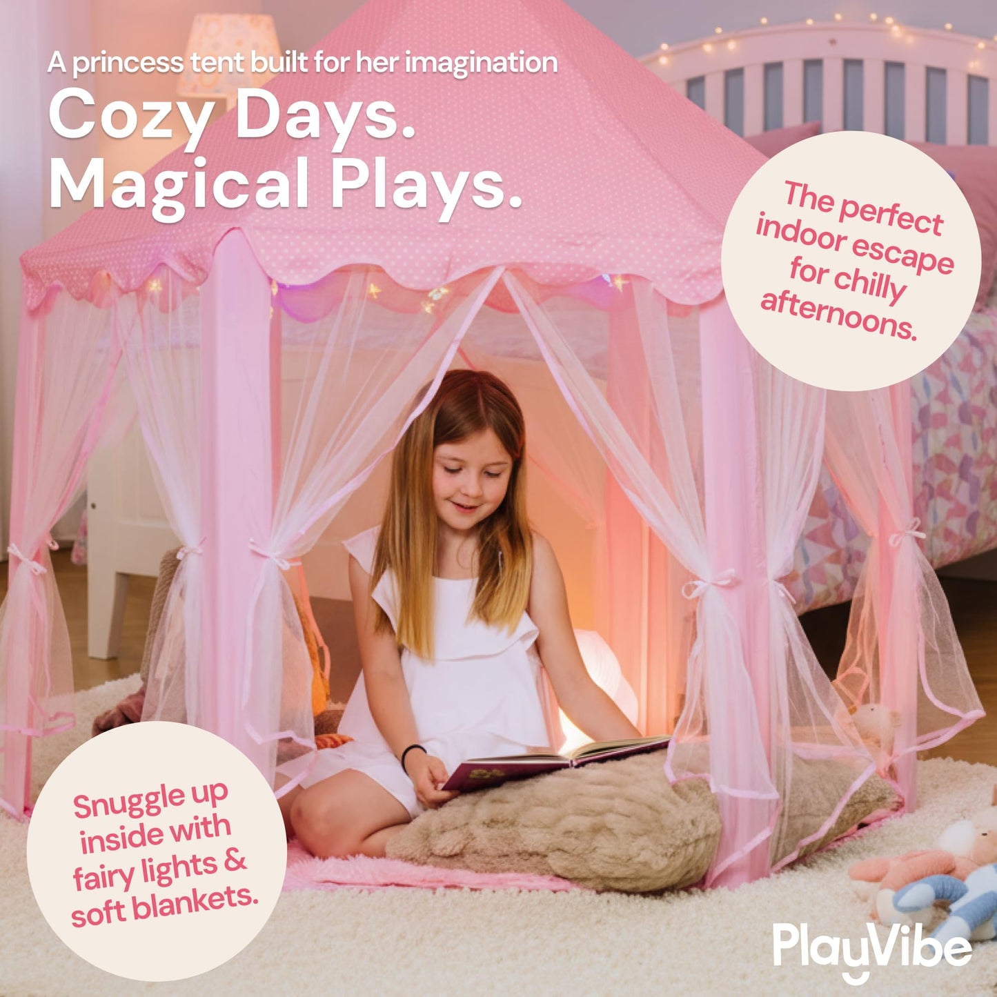 PLAYVIBE Princess Tent – 55 x 53 in Indoor Playhouse with Starry LED Lights