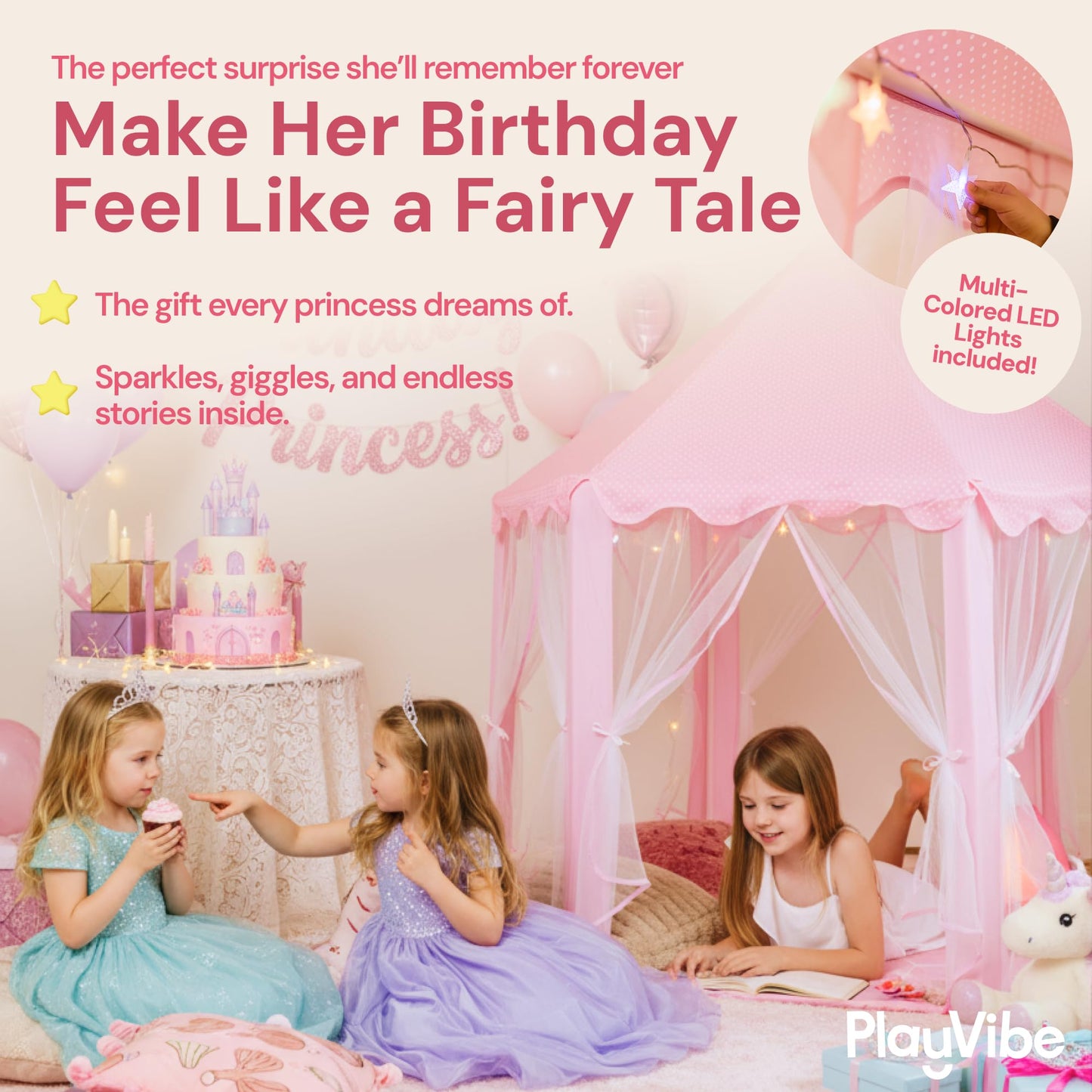 PLAYVIBE Princess Tent – 55 x 53 in Indoor Playhouse with Starry LED Lights