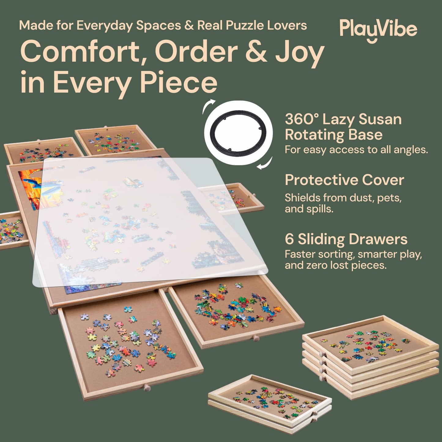 PLAYVIBE Rotating Puzzle Board – 1500-Piece Puzzle Table with 6 Drawers & 360-Degree Lazy Susan