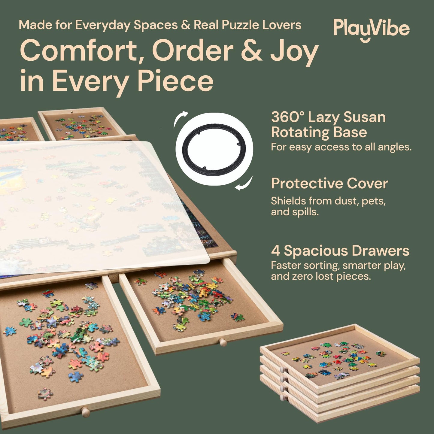 PlayVibe 1000-Piece Rotating Puzzle Board with Drawers and Cover – 22x30 Inch Wood Puzzle Table