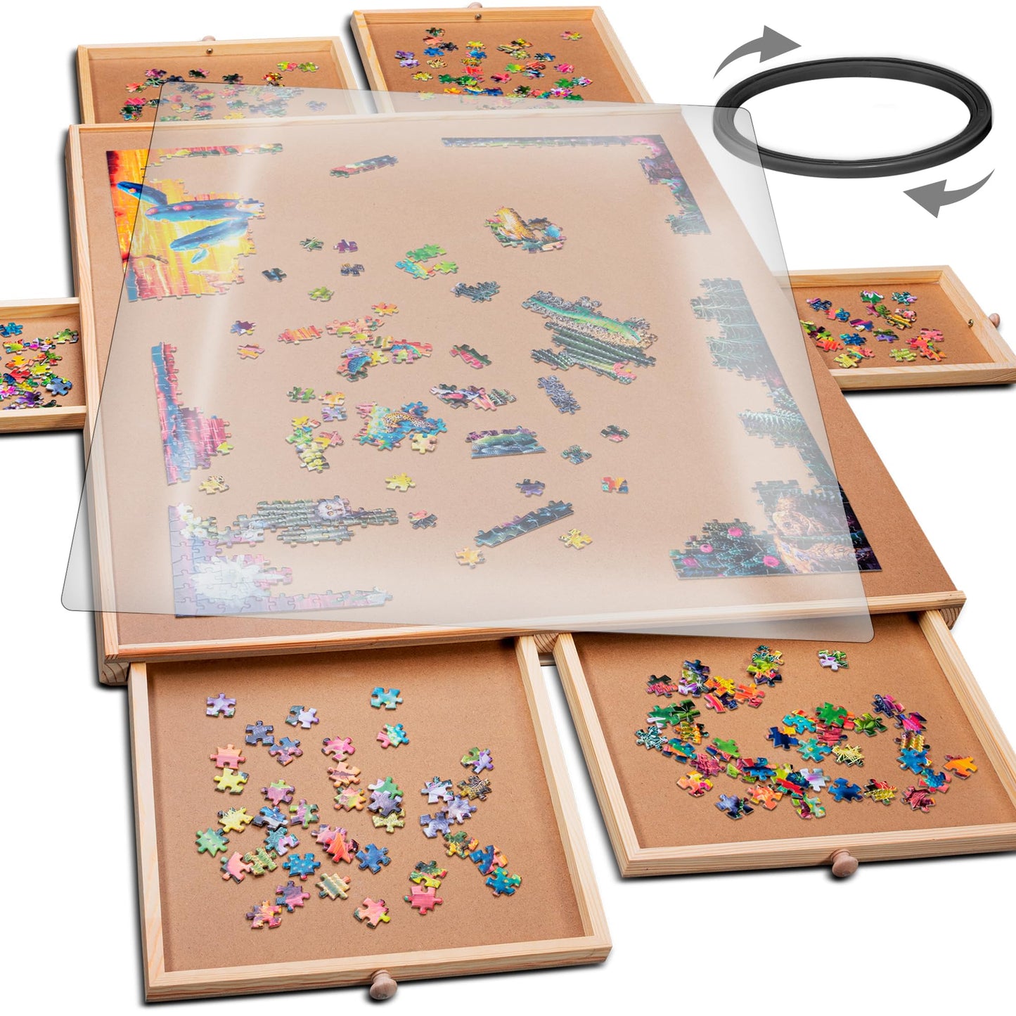 PLAYVIBE Rotating Puzzle Board – 1500-Piece Puzzle Table with 6 Drawers & 360-Degree Lazy Susan