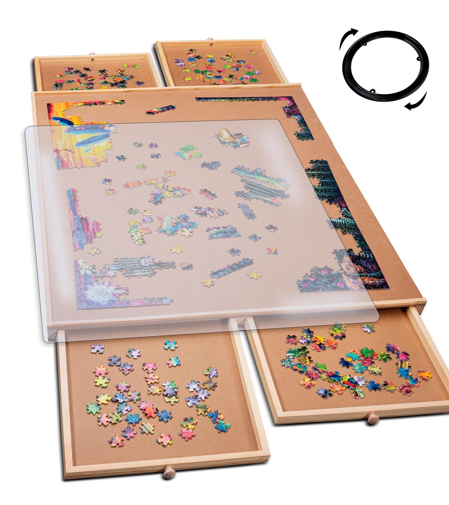 PlayVibe 1000-Piece Rotating Puzzle Board with Drawers and Cover – 22x30 Inch Wood Puzzle Table