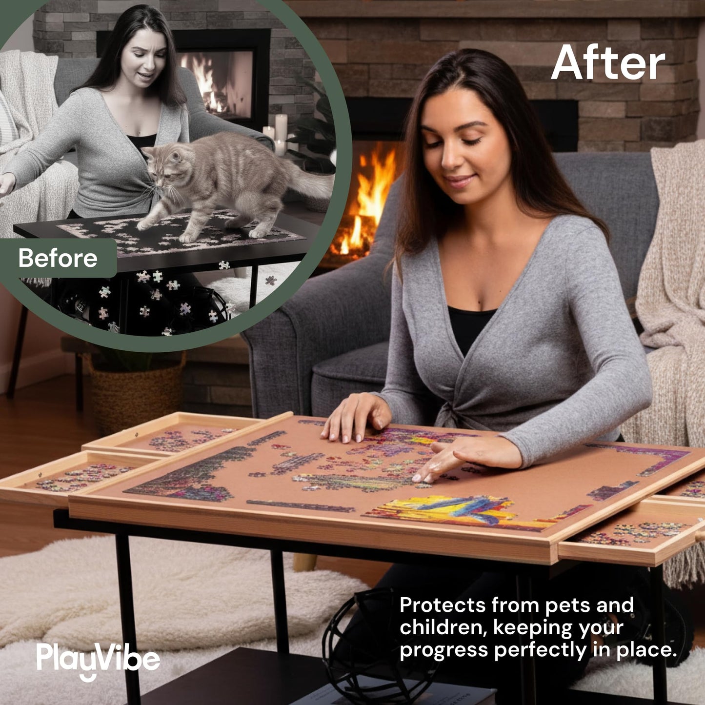 PLAYVIBE Rotating Puzzle Board – 1500-Piece Puzzle Table with 6 Drawers & 360-Degree Lazy Susan