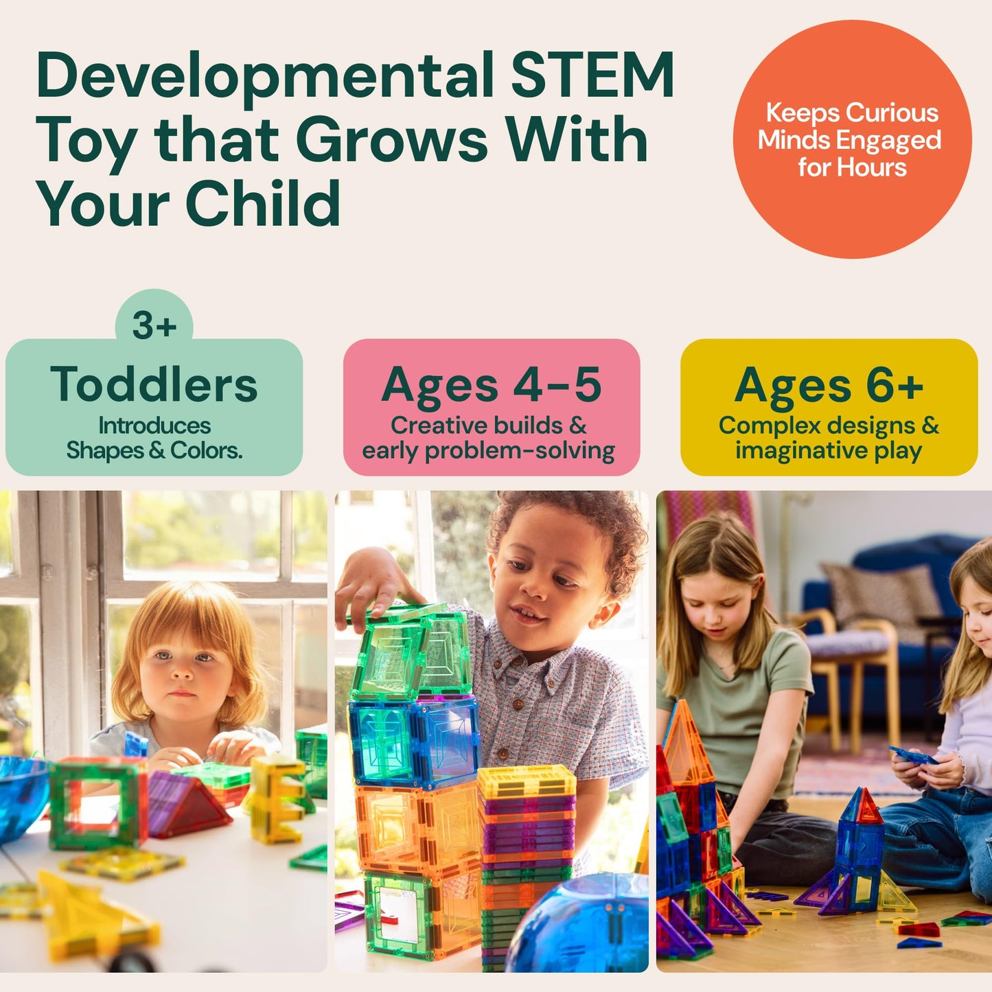 PLAYVIBE Magnetic Tiles - 60-Piece Multicolor STEM Toy Set