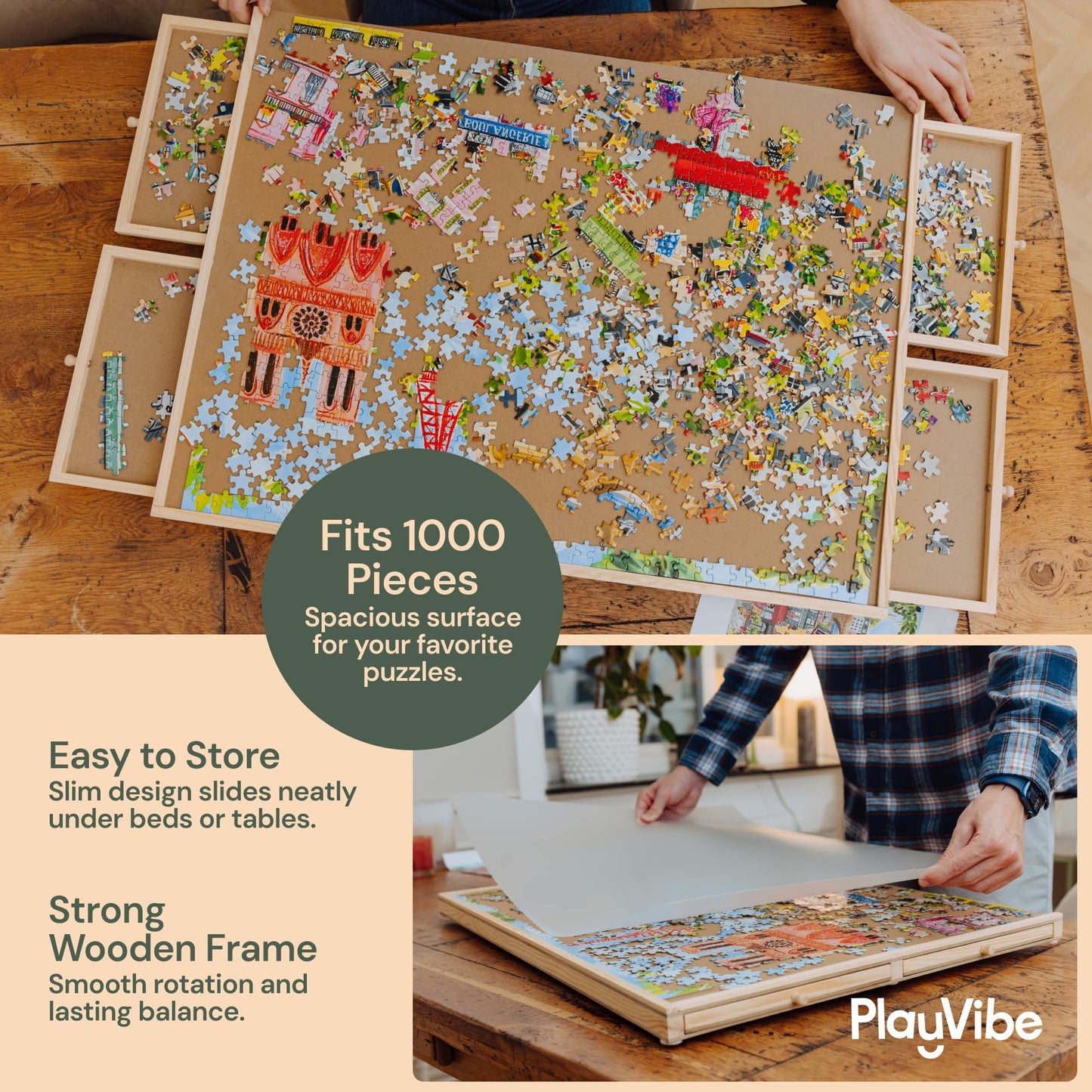 PlayVibe 1000-Piece Rotating Puzzle Board with Drawers and Cover – 22x30 Inch Wood Puzzle Table