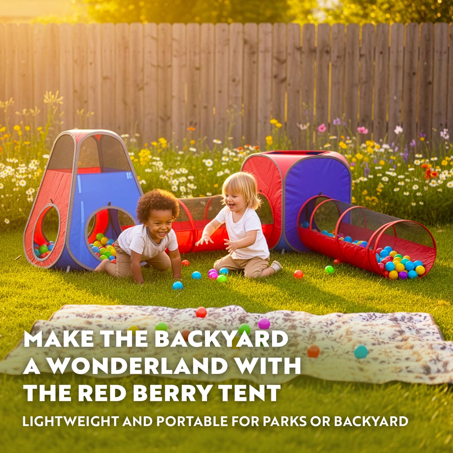 Playz 4pc Pop Up Tent & Tunnel Bundle – Indoor/Outdoor Kids Playhouse (Red & Blue)