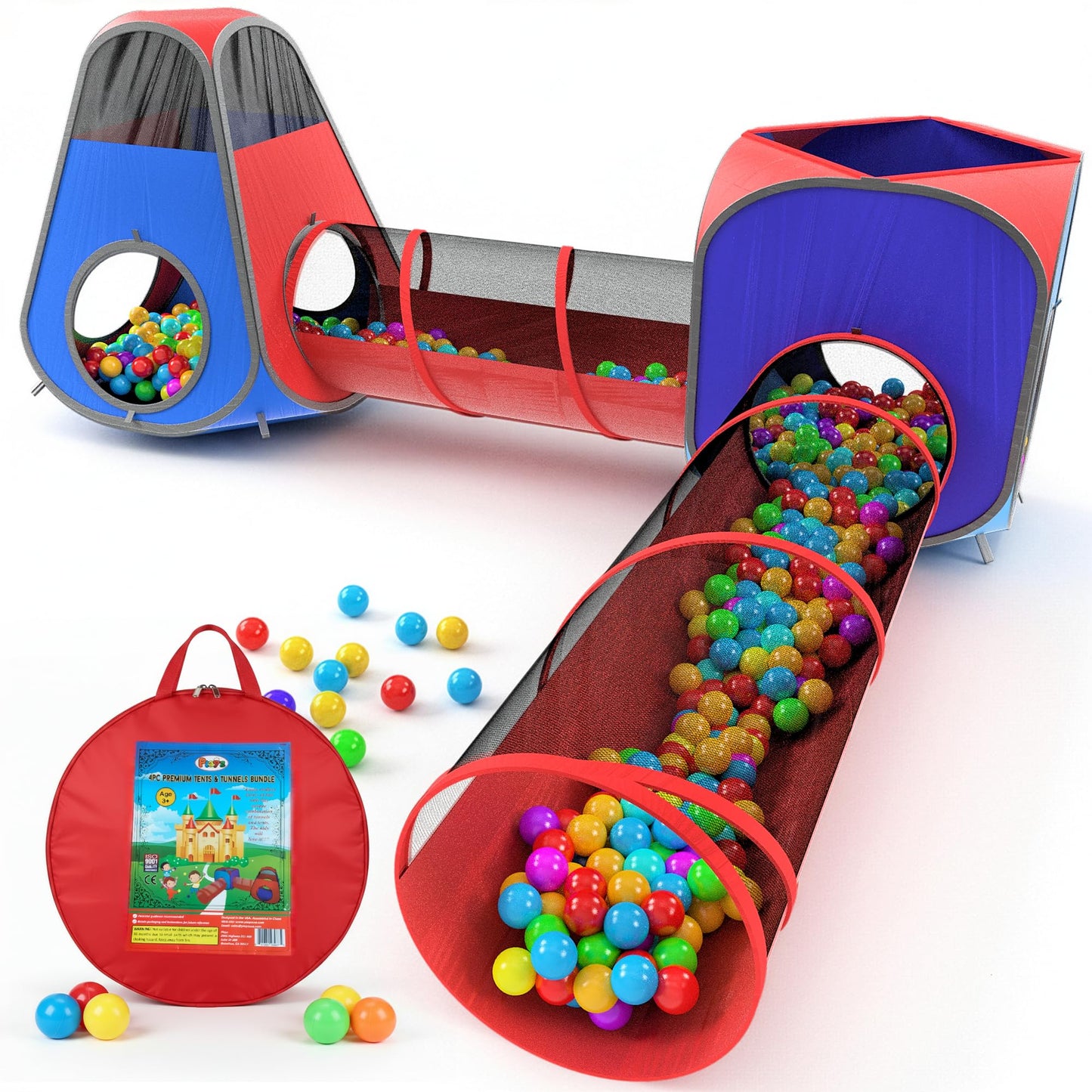 Playz 4pc Pop Up Tent & Tunnel Bundle – Indoor/Outdoor Kids Playhouse (Red & Blue)