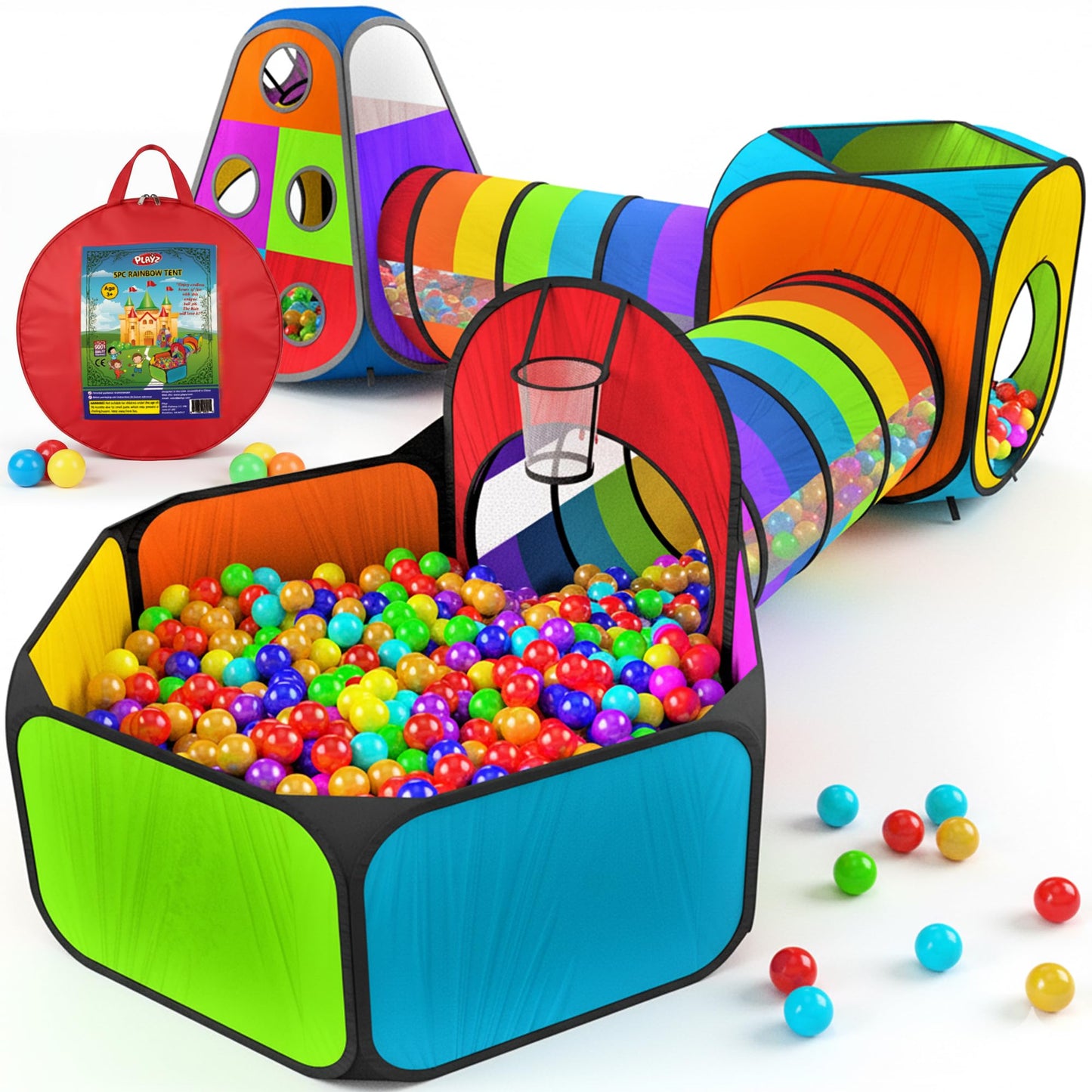 Playz 5pc Kids Play Tents & Tunnels with Ball Pit & Hoop | Indoor & Outdoor