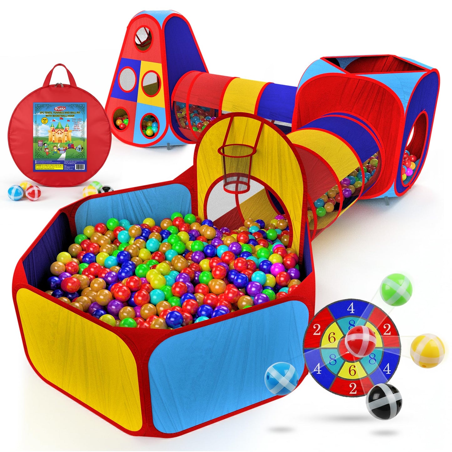 Playz 5pc Kids' Play Tents & Tunnels — Ball Pit, Crawling Tubes & Indoor/Outdoor Fun
