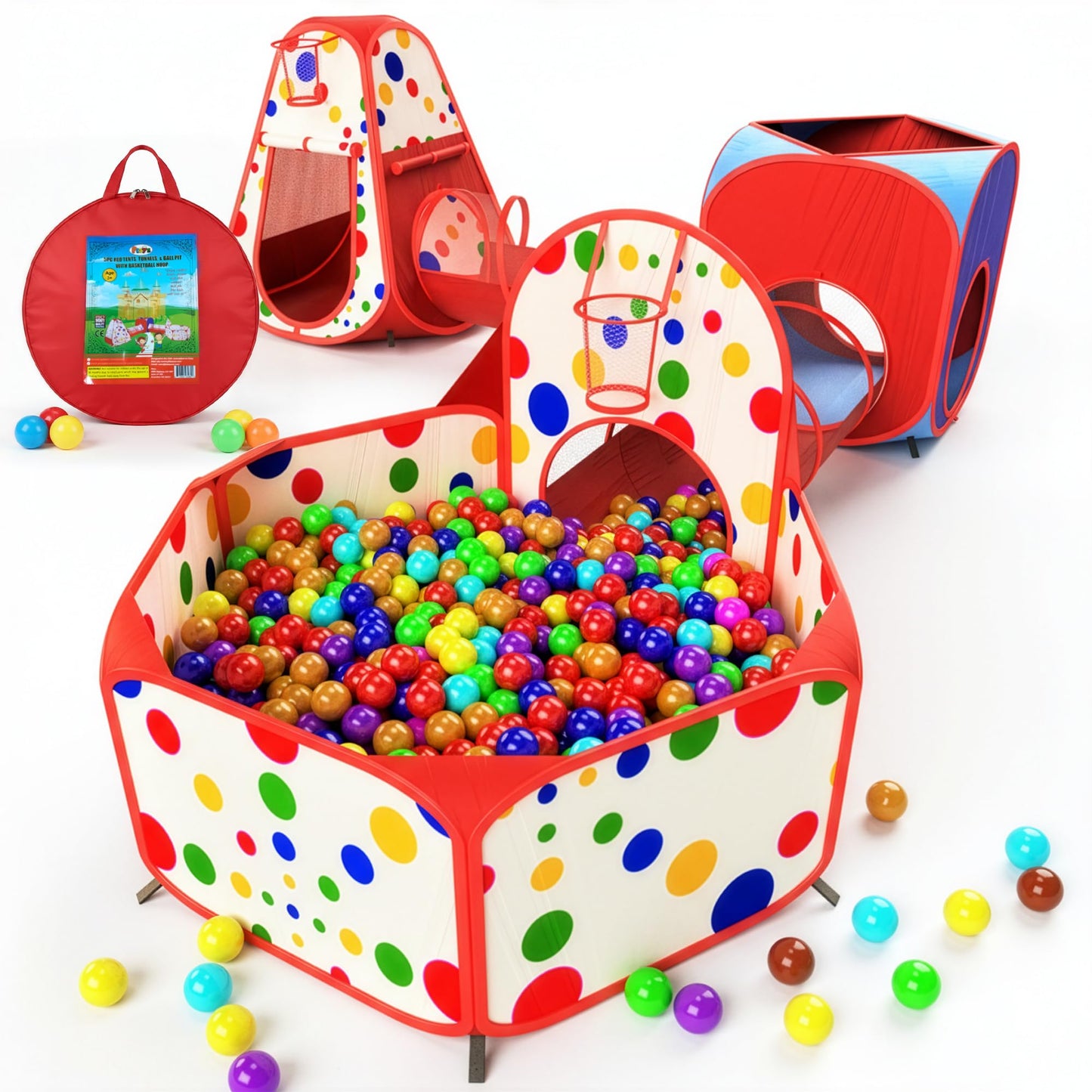 Playz 5-Piece Kids Play Tents, Ball Pit & Crawl Tunnels with Basketball Hoop – Indoor Outdoor