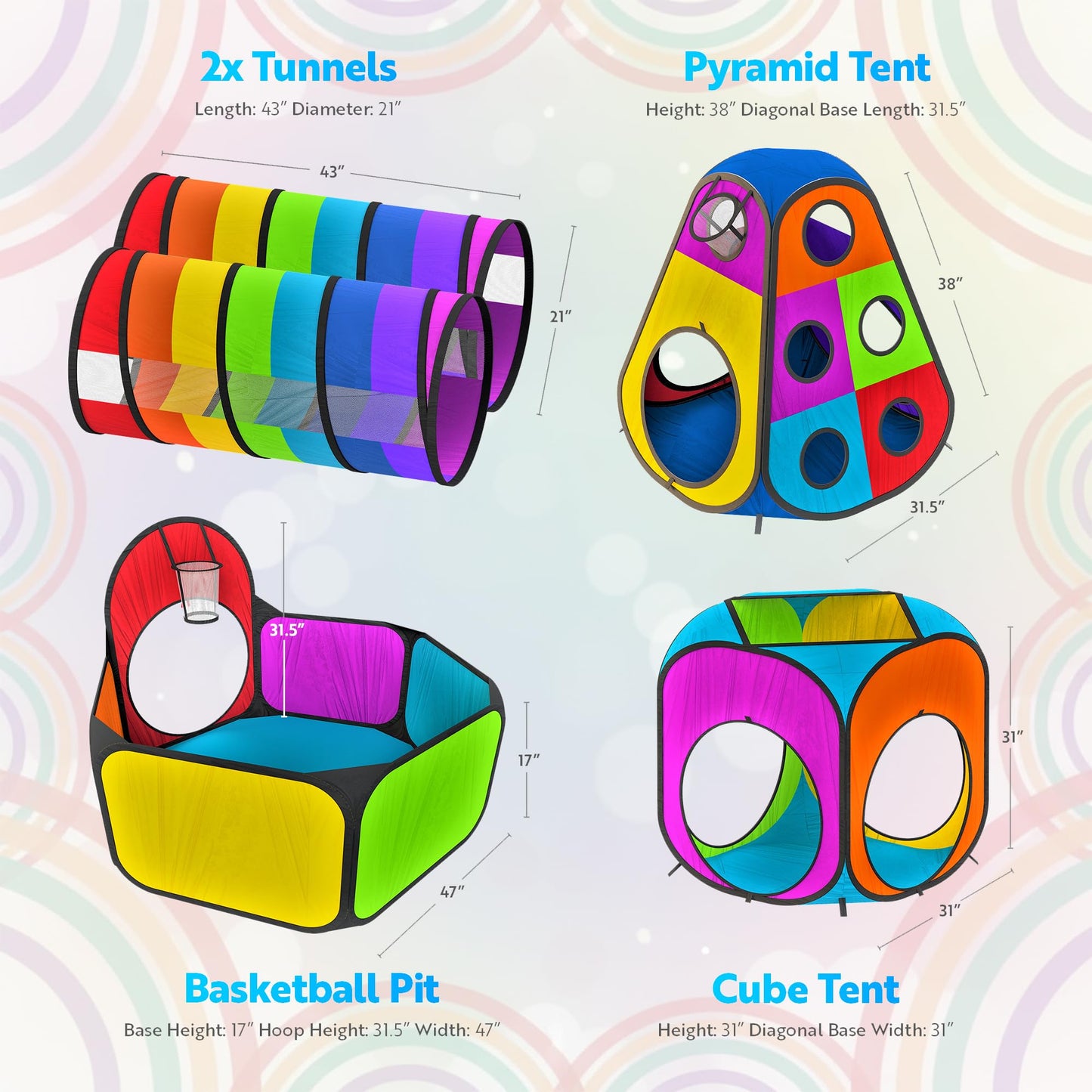 Playz 5pc Kids Play Tents & Tunnels with Ball Pit & Hoop | Indoor & Outdoor