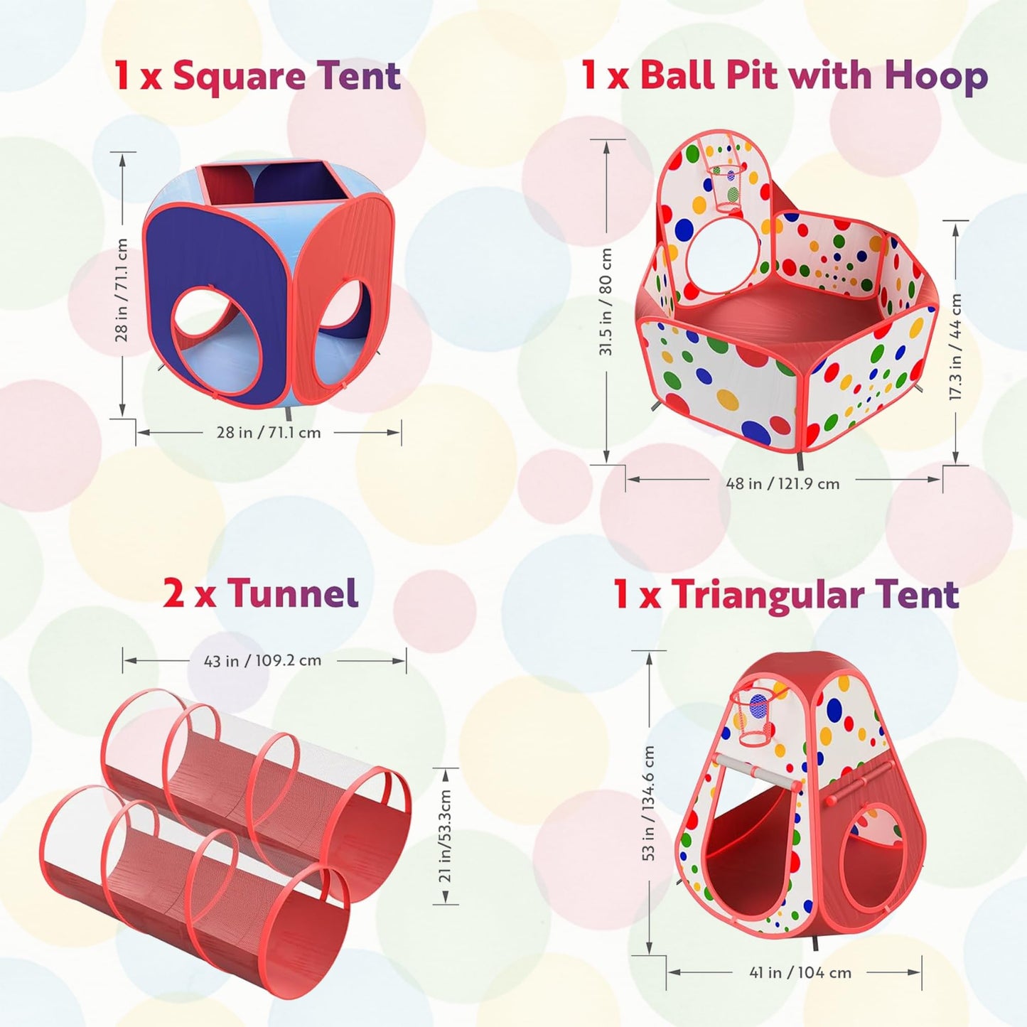 Playz 5-Piece Kids Play Tents, Ball Pit & Crawl Tunnels with Basketball Hoop – Indoor Outdoor