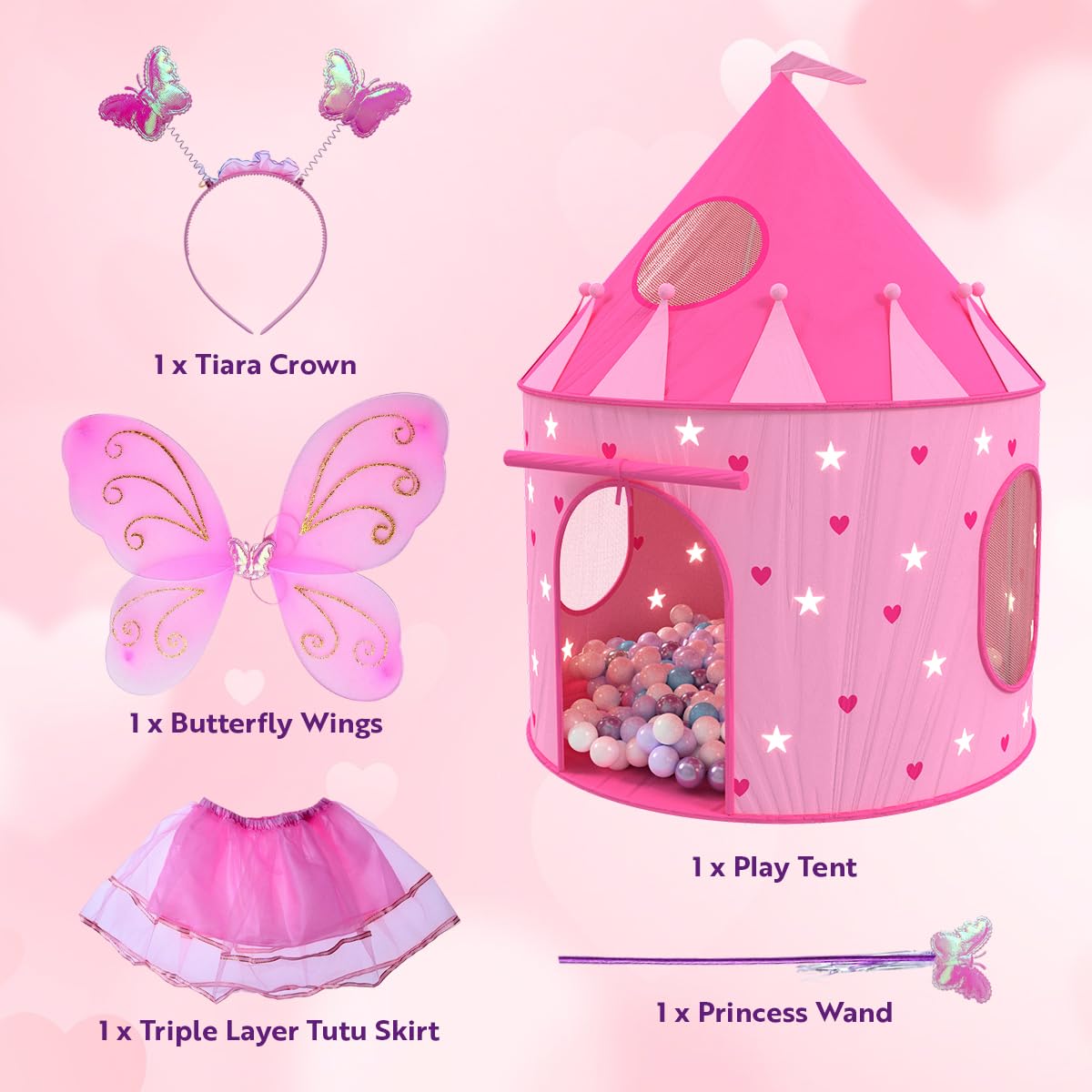 Playz Princess Castle Pop Up Tent & Dress Up Set – Pink Indoor/Outdoor Kids Playhouse