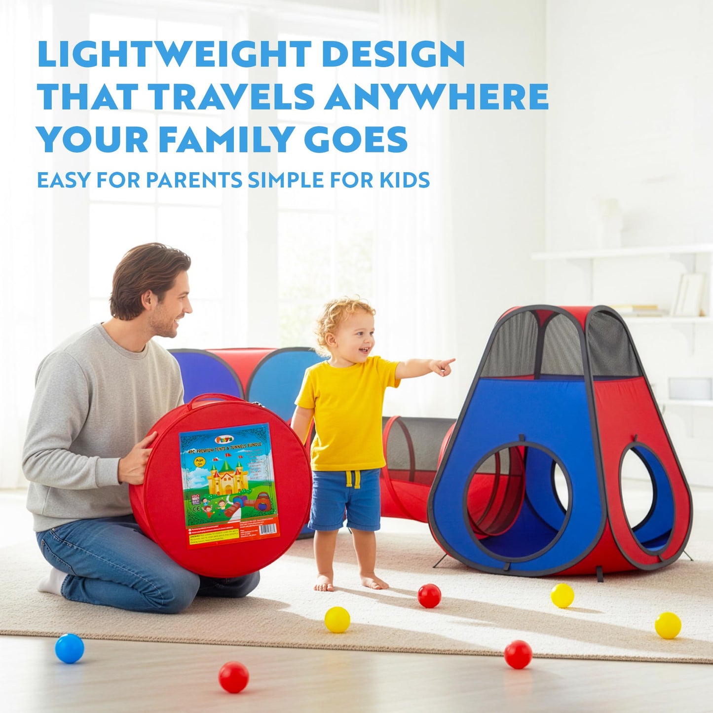Playz 4pc Pop Up Tent & Tunnel Bundle – Indoor/Outdoor Kids Playhouse (Red & Blue)