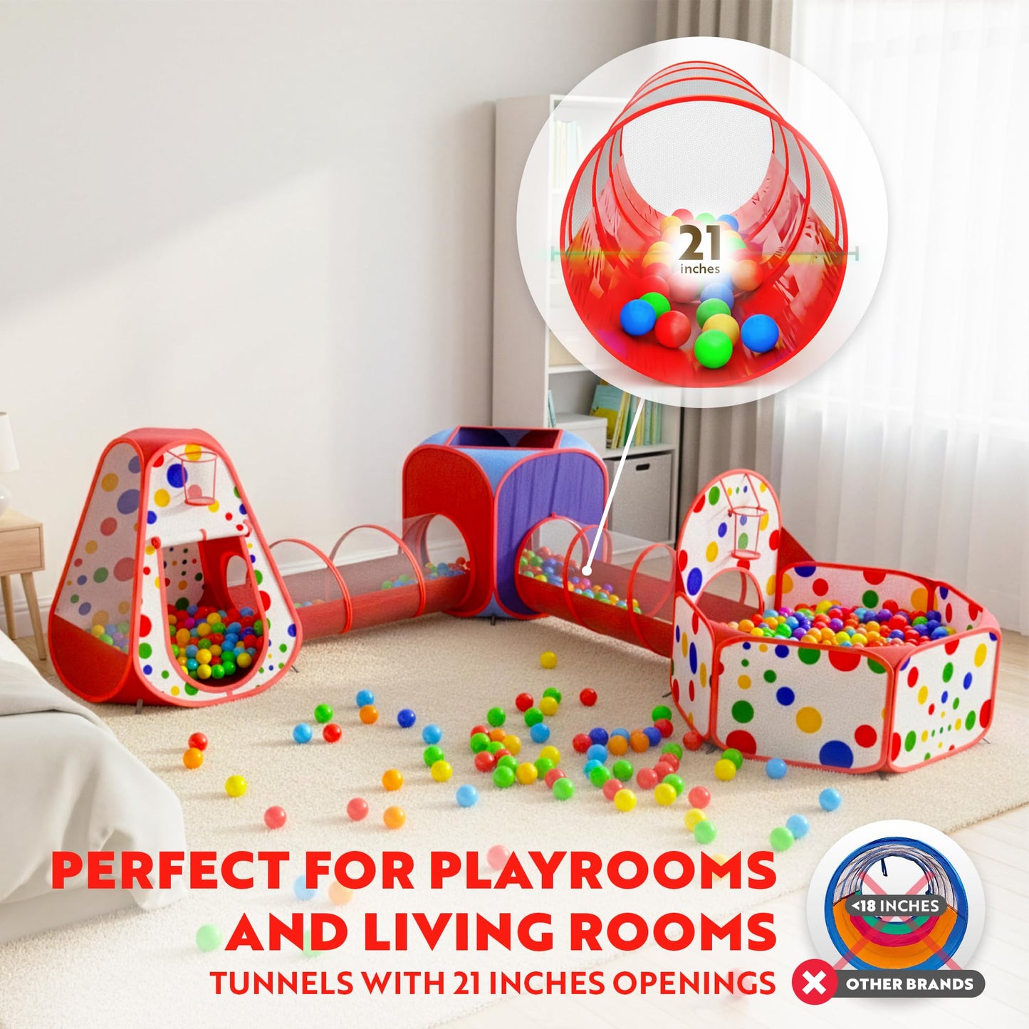 Playz 5-Piece Kids Play Tents, Ball Pit & Crawl Tunnels with Basketball Hoop – Indoor Outdoor