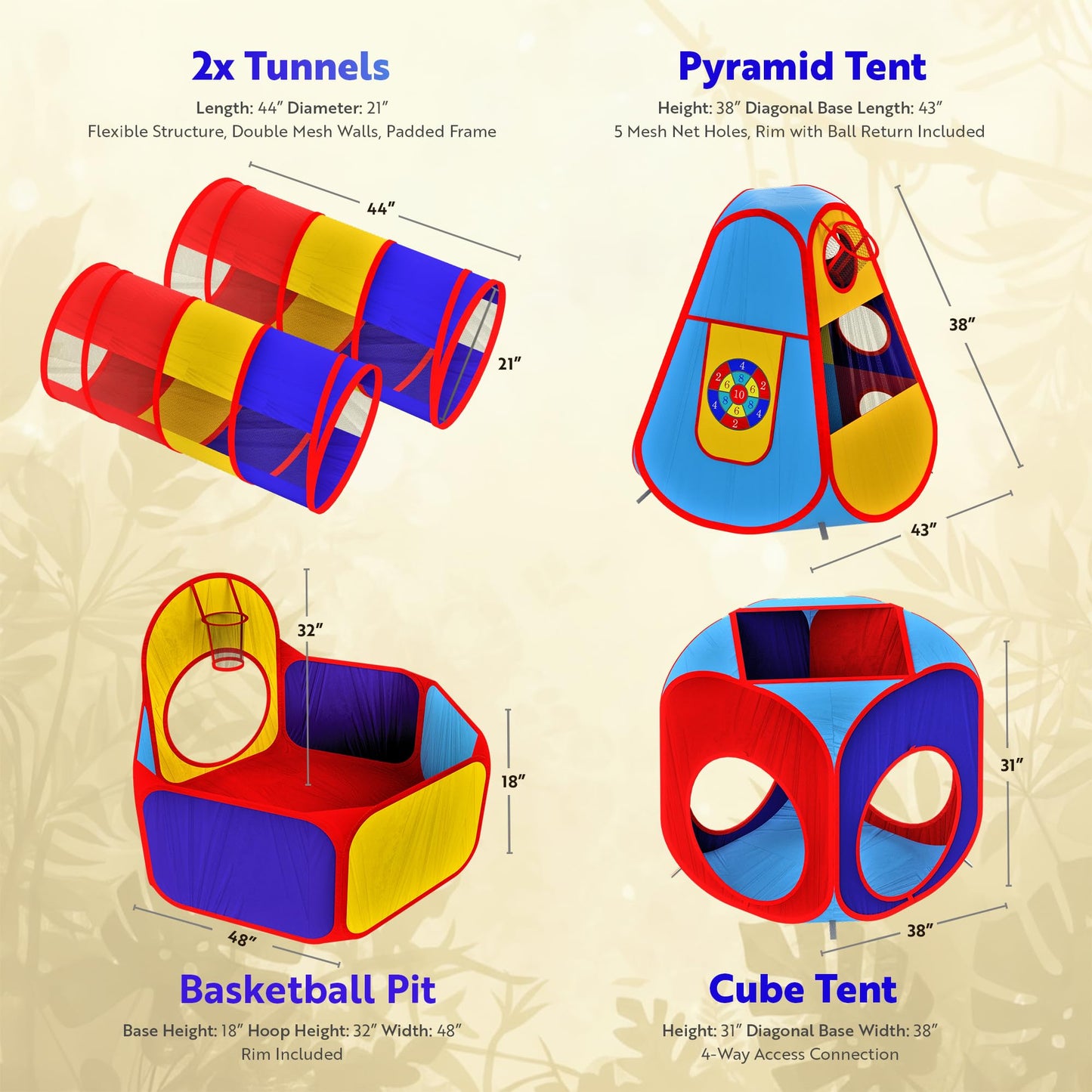 Playz 5pc Kids' Play Tents & Tunnels — Ball Pit, Crawling Tubes & Indoor/Outdoor Fun