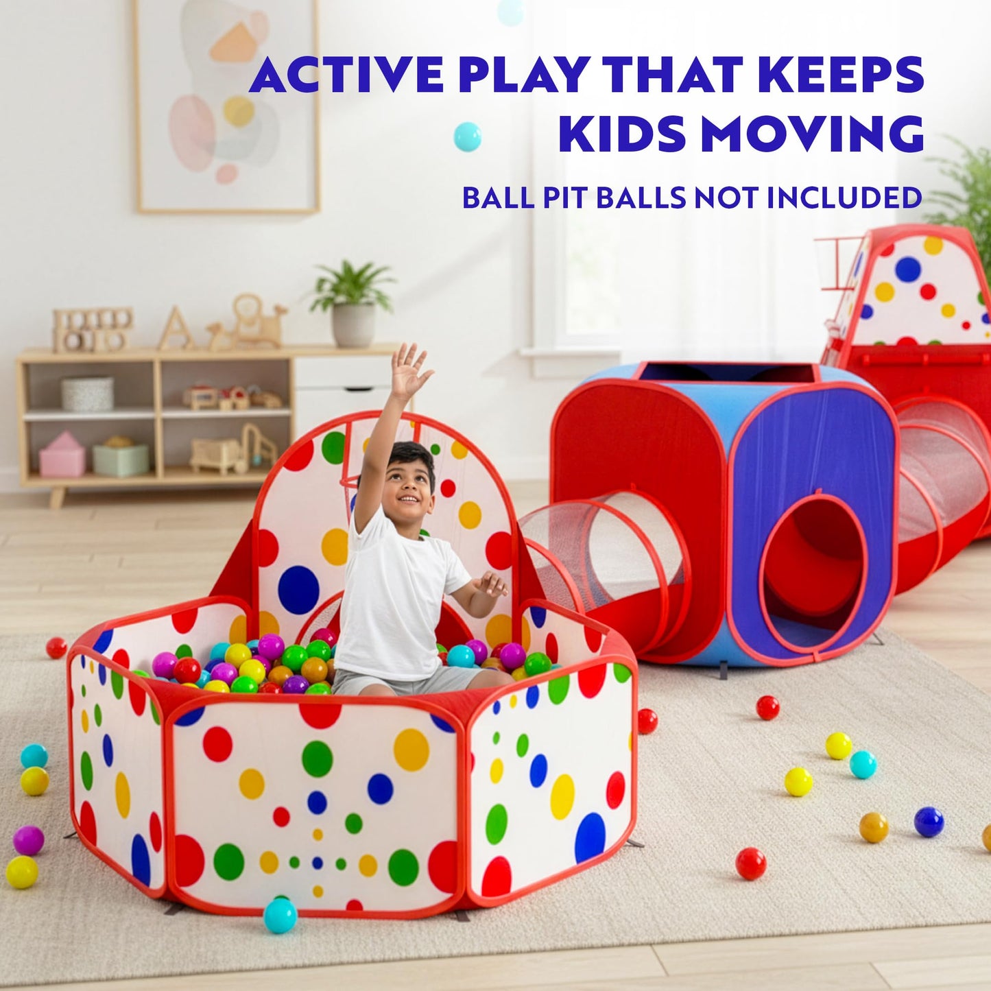 Playz 5-Piece Kids Play Tents, Ball Pit & Crawl Tunnels with Basketball Hoop – Indoor Outdoor