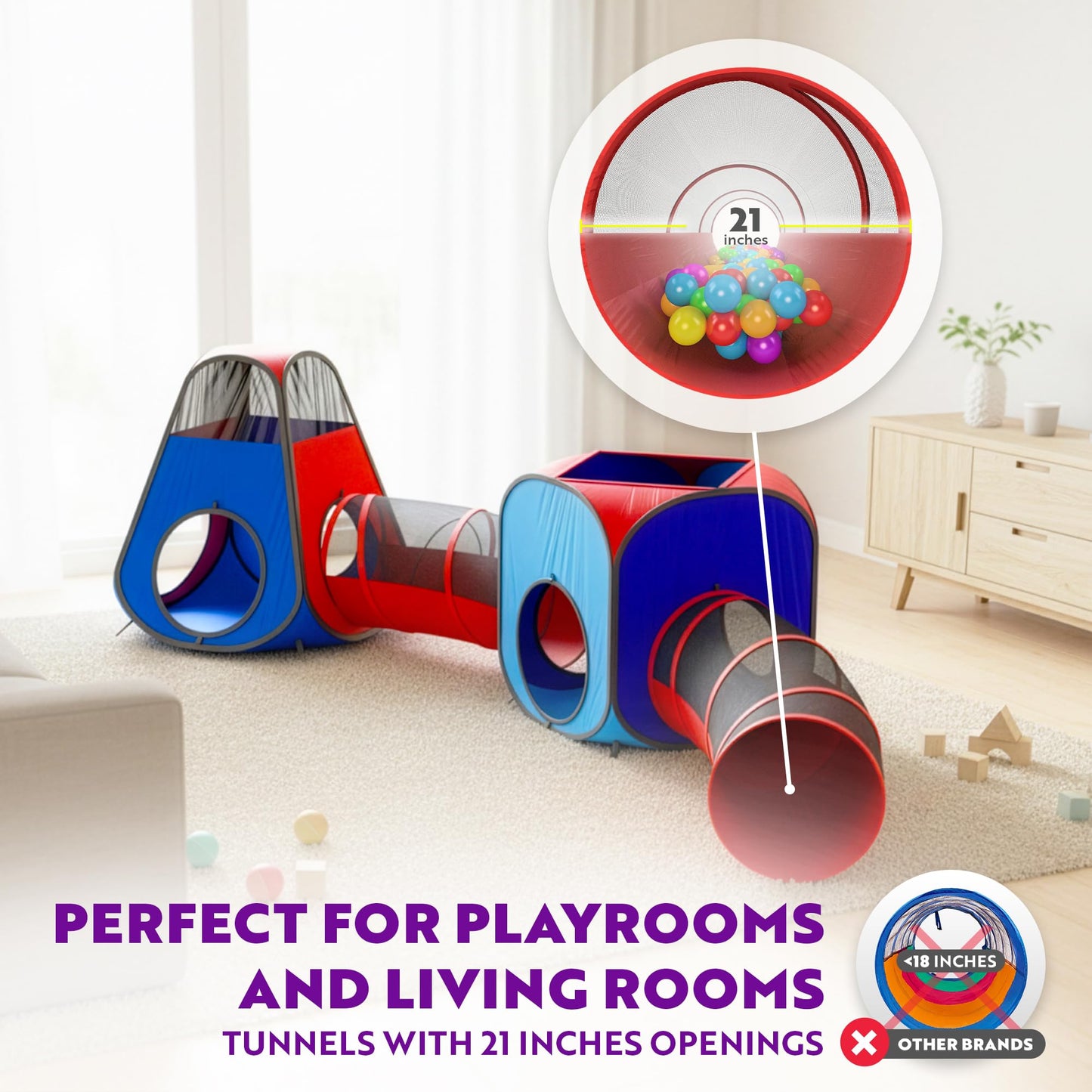 Playz 4pc Pop Up Tent & Tunnel Bundle – Indoor/Outdoor Kids Playhouse (Red & Blue)