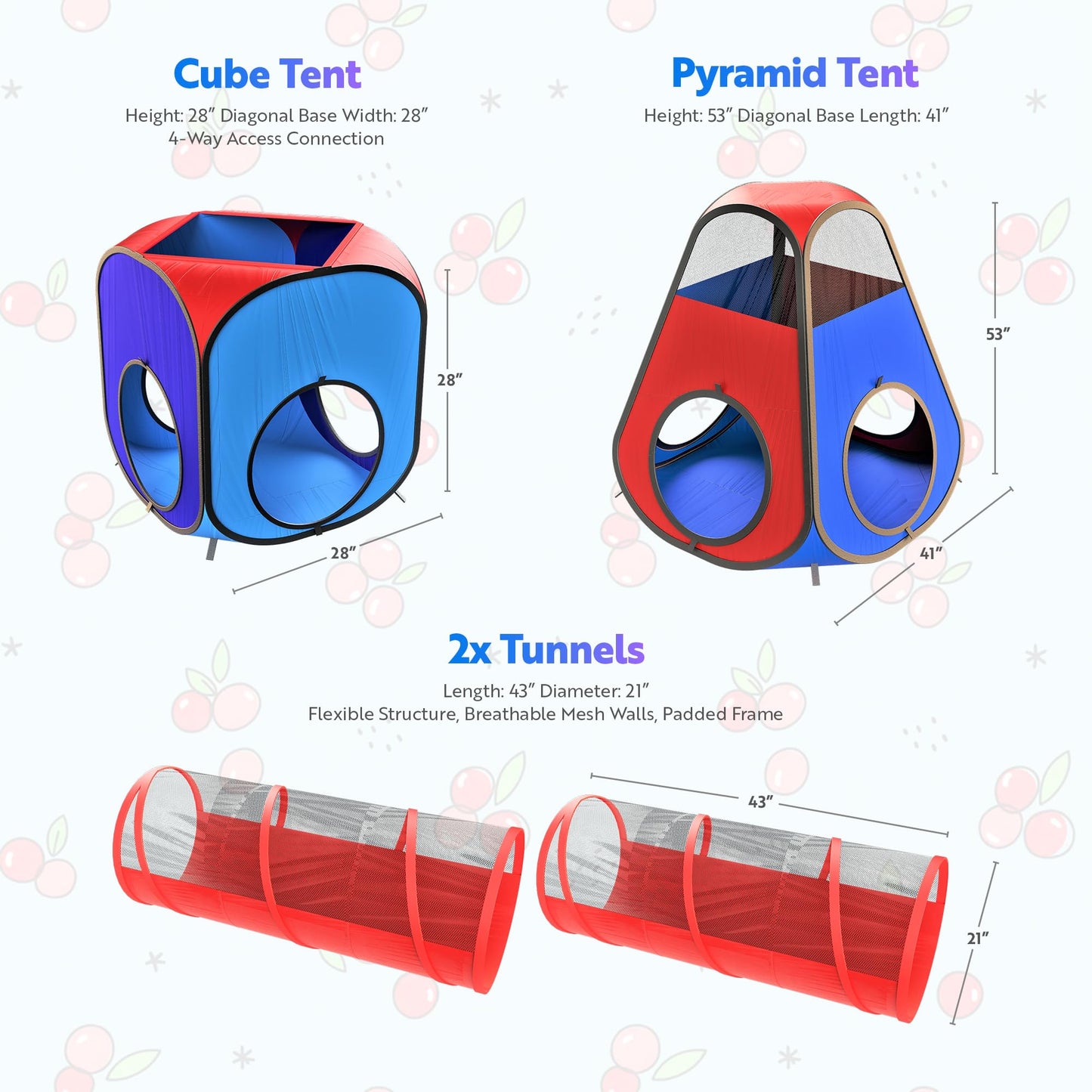 Playz 4pc Pop Up Tent & Tunnel Bundle – Indoor/Outdoor Kids Playhouse (Red & Blue)