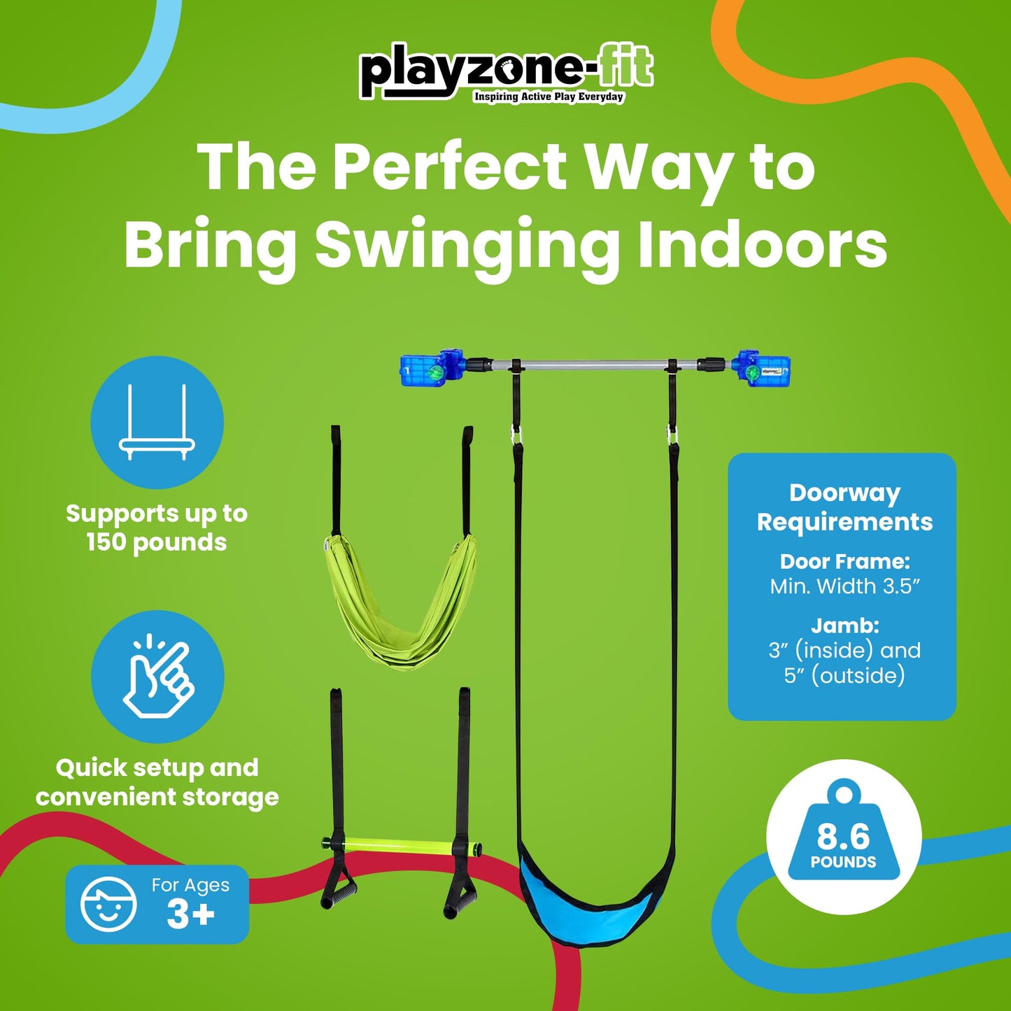 Playzone-fit Kidtrix Deluxe Doorway Swing Kit — 3-in-1 Indoor Swing for Kids (Up to 150 lbs)