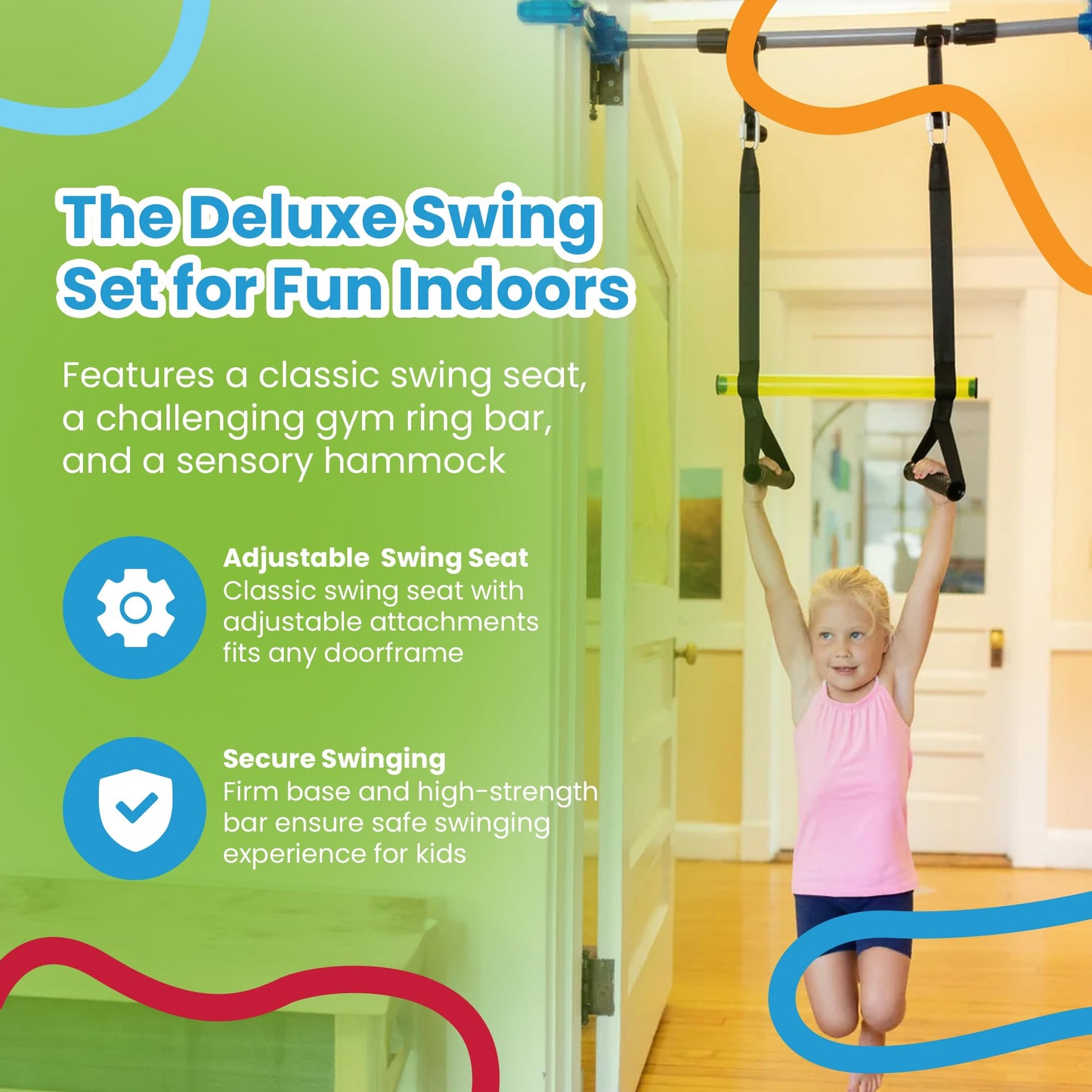 Playzone-fit Kidtrix Deluxe Doorway Swing Kit — 3-in-1 Indoor Swing for Kids (Up to 150 lbs)