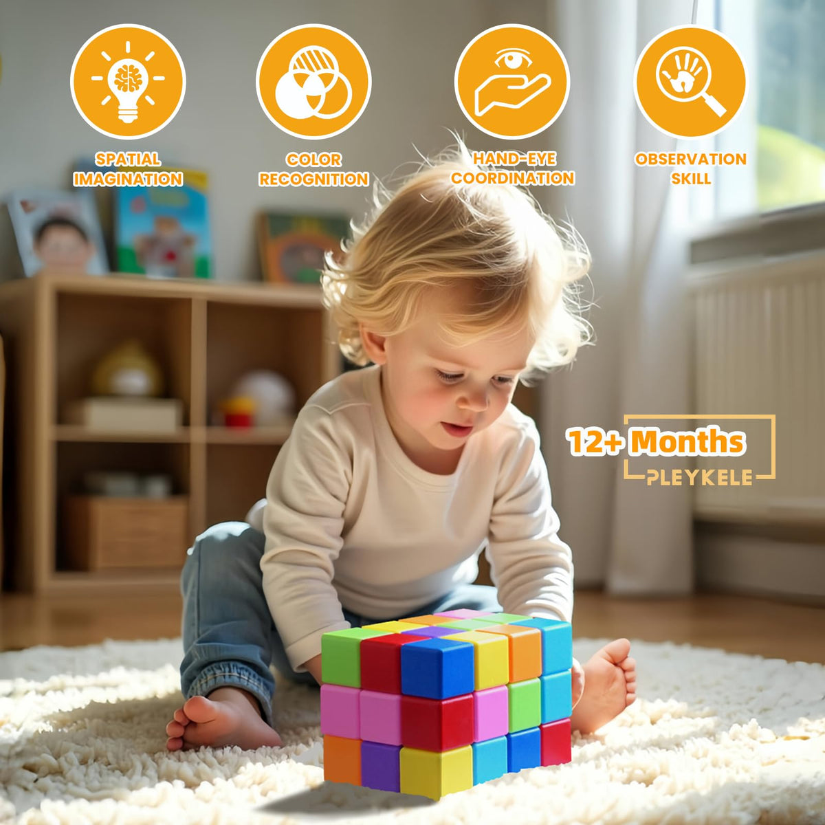 Pleykele Large Magnetic Building Blocks – 16 Colorful 1.65-Inch STEM Cubes