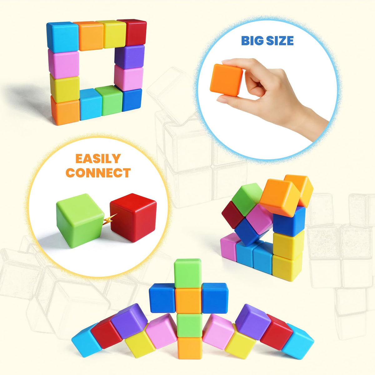 Pleykele Large Magnetic Building Blocks – 16 Colorful 1.65-Inch STEM Cubes