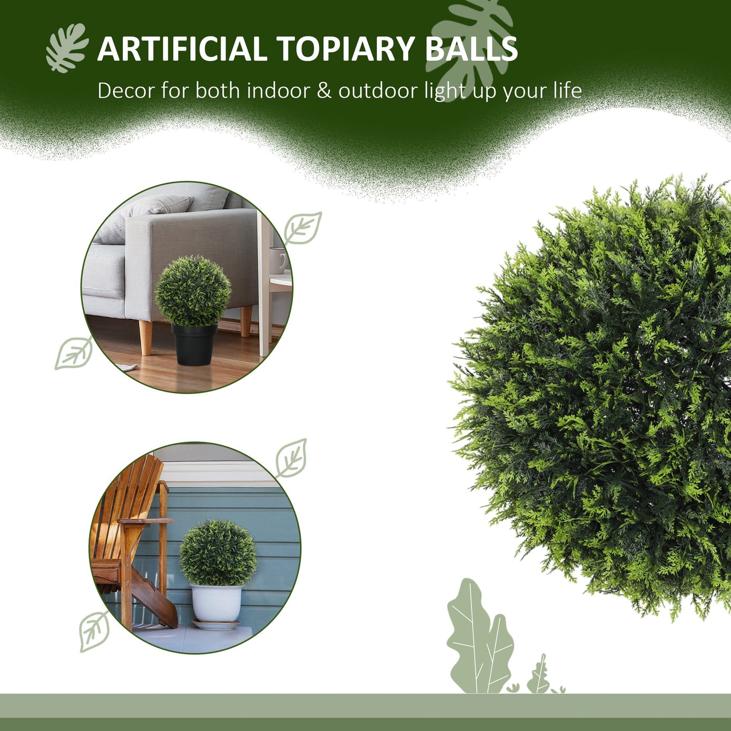 HOMCOM Set of 2 Artificial Plant Topiary Balls, Faux Plants for Decor, Green