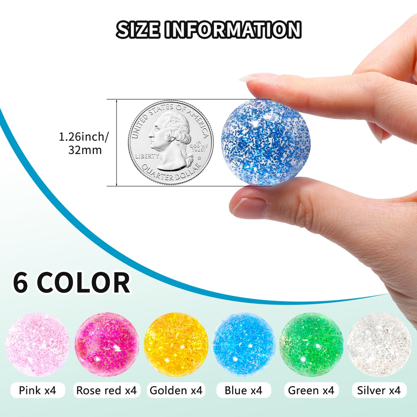 Pllieay Glitter Bouncy Balls - 24 Pack, 32mm, 6 Colors | Party Favors
