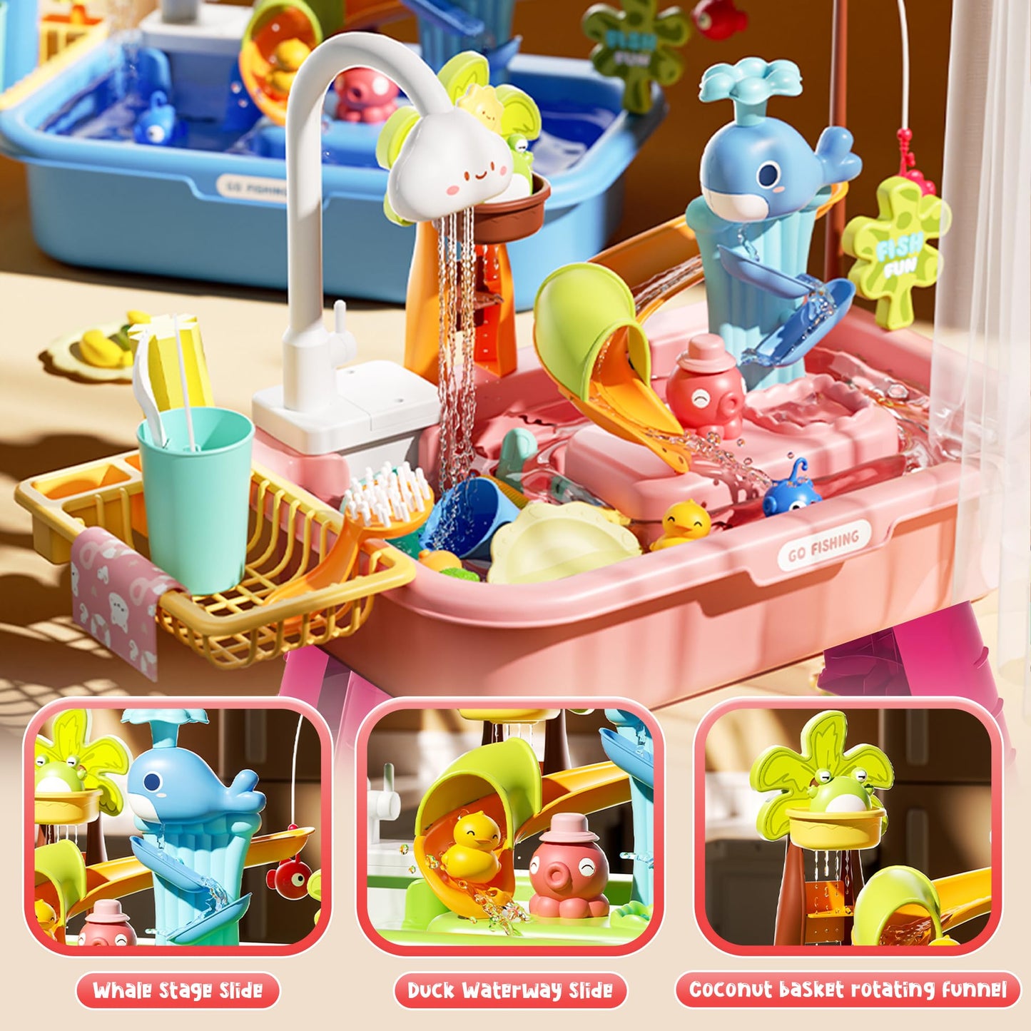 Ploomi Upgraded 4-in-1 Toddler Sand & Water Table with Electric Pump – Kitchen Play Sink for Kids 3+