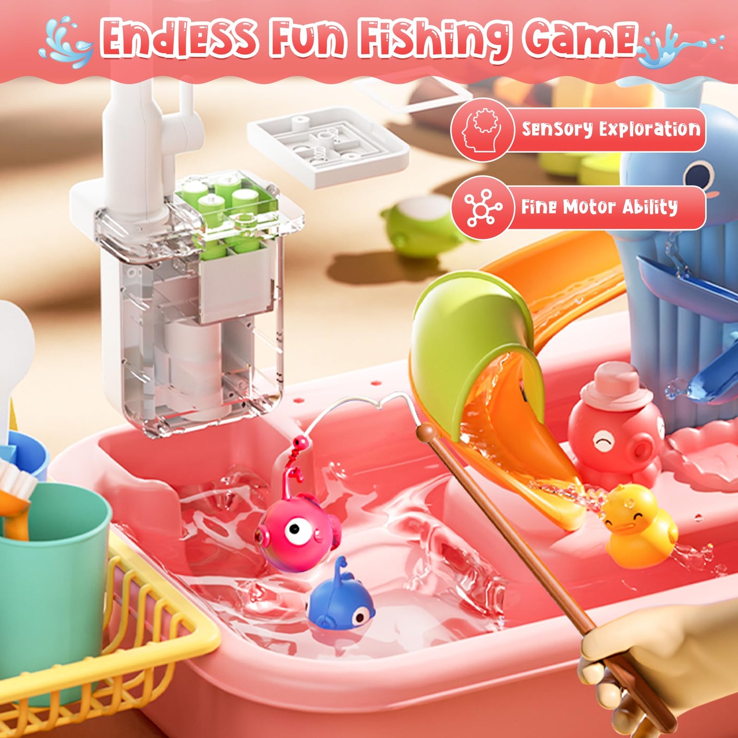 Ploomi Upgraded 4-in-1 Toddler Sand & Water Table with Electric Pump – Kitchen Play Sink for Kids 3+