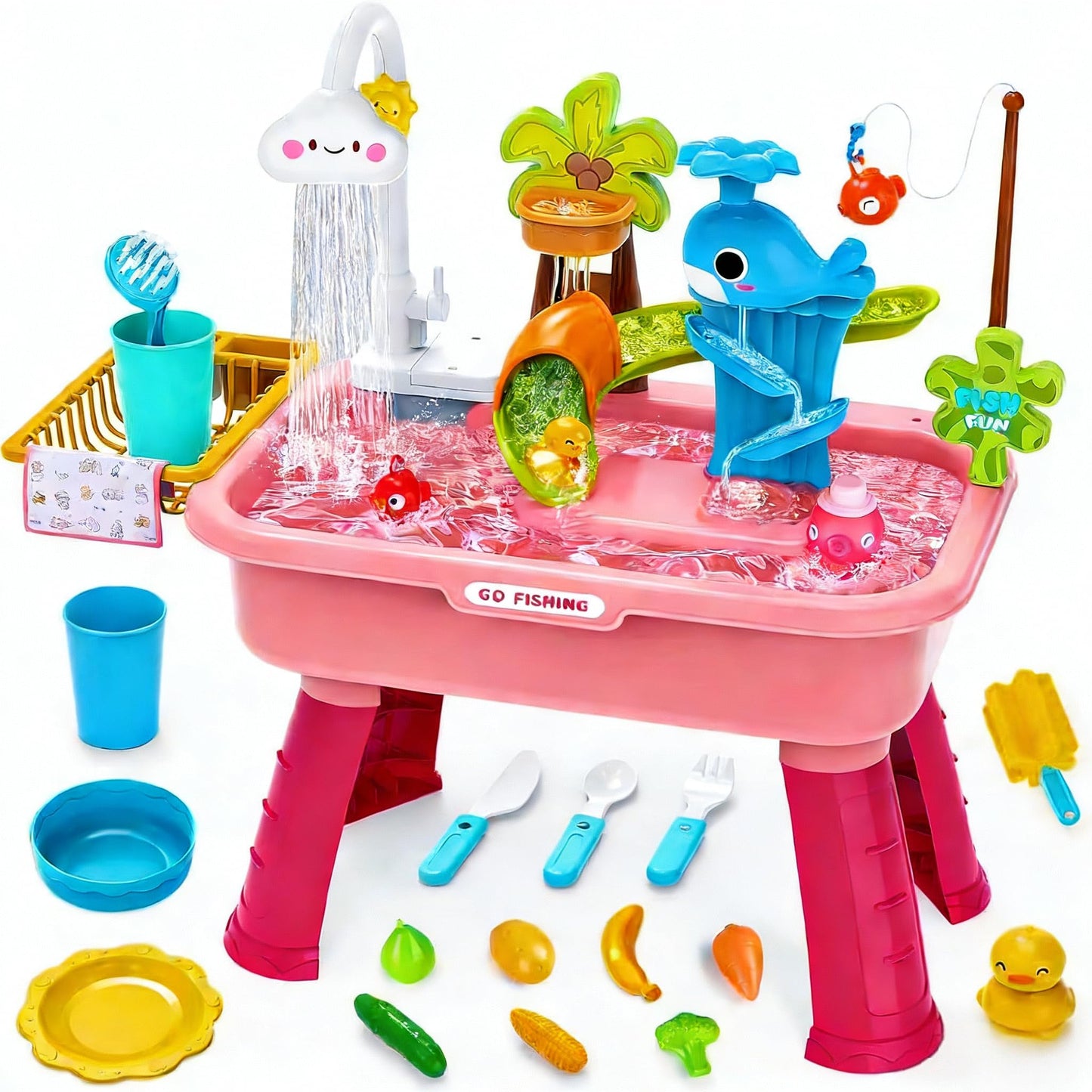 Ploomi Upgraded 4-in-1 Toddler Sand & Water Table with Electric Pump – Kitchen Play Sink for Kids 3+