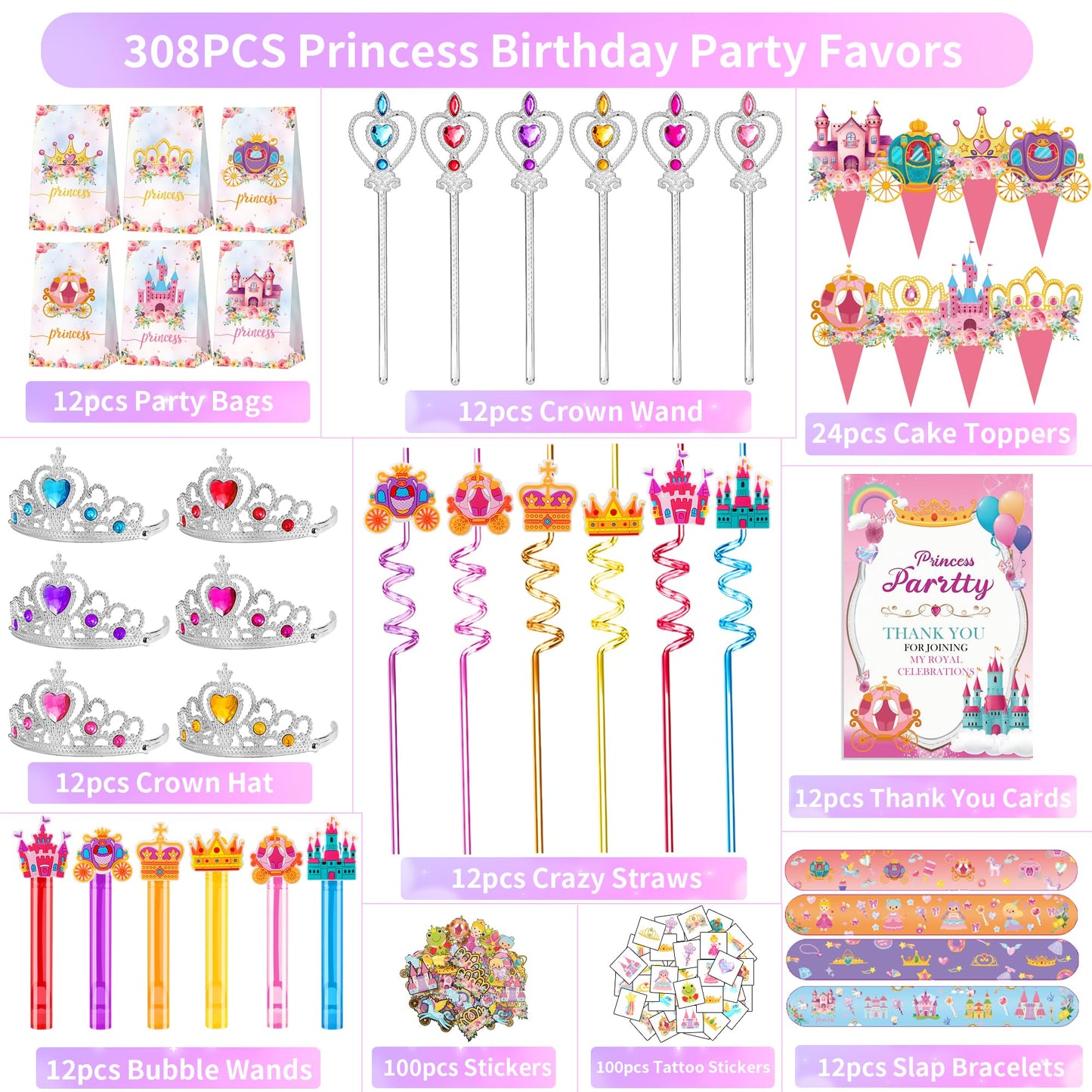 PLOUGVI 308PCS Princess Party Decorations & Favors Kit – Crowns, Wands, Toppers & More