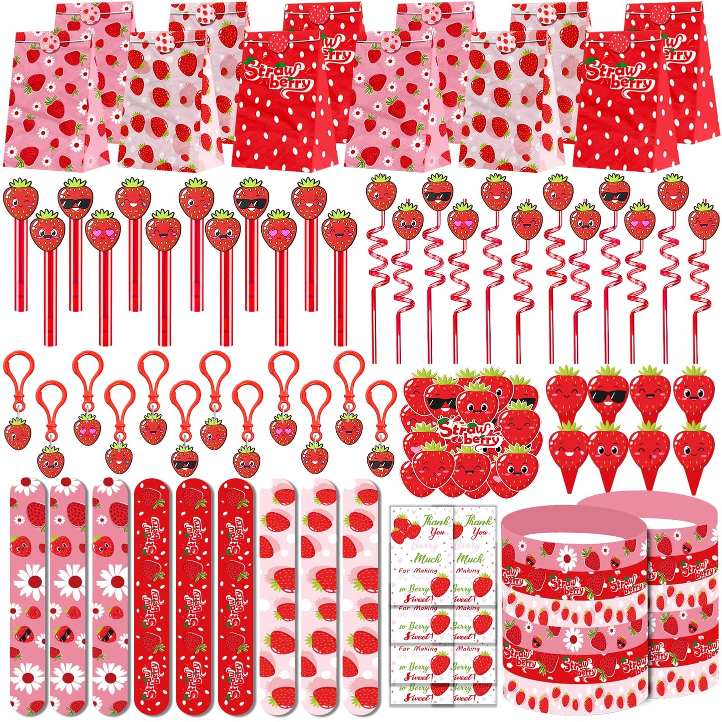 PLOUGVI 208pcs Strawberry Party Favors Bundle – Berry First Birthday Decor & Pinata Fillers