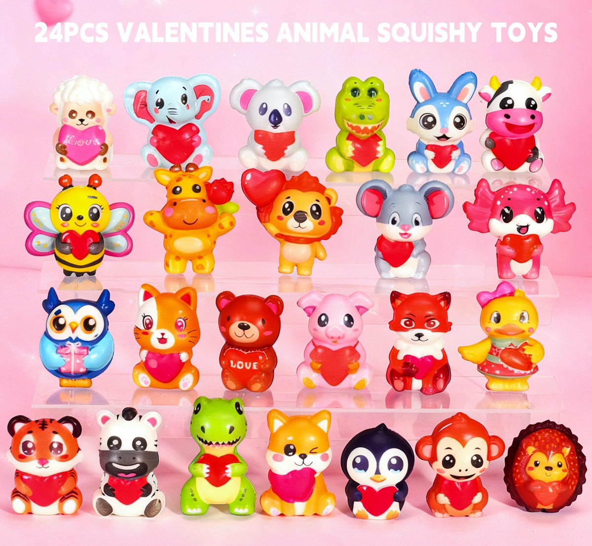 PLOUGVI 24Pcs Valentines Day Gifts for Kids – Animal Heart Squishy Toys & Cards