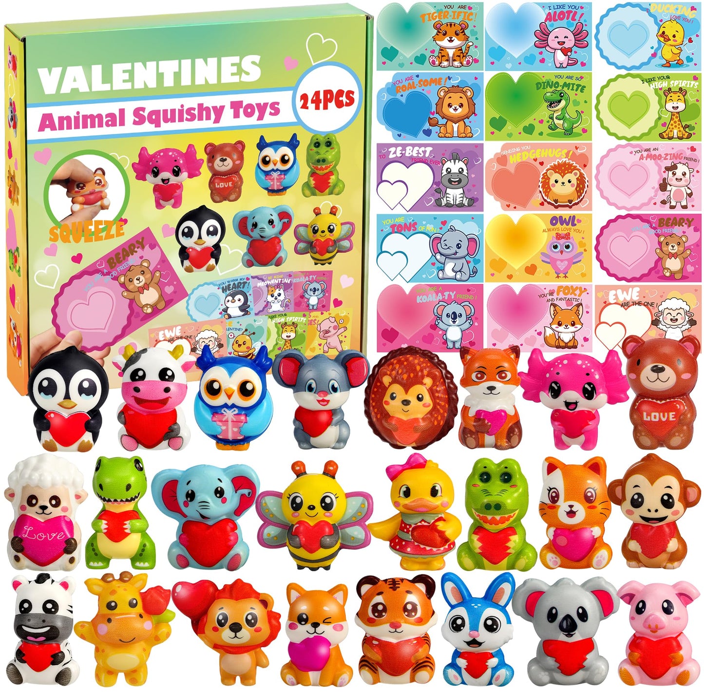 PLOUGVI 24Pcs Valentines Day Gifts for Kids – Animal Heart Squishy Toys & Cards