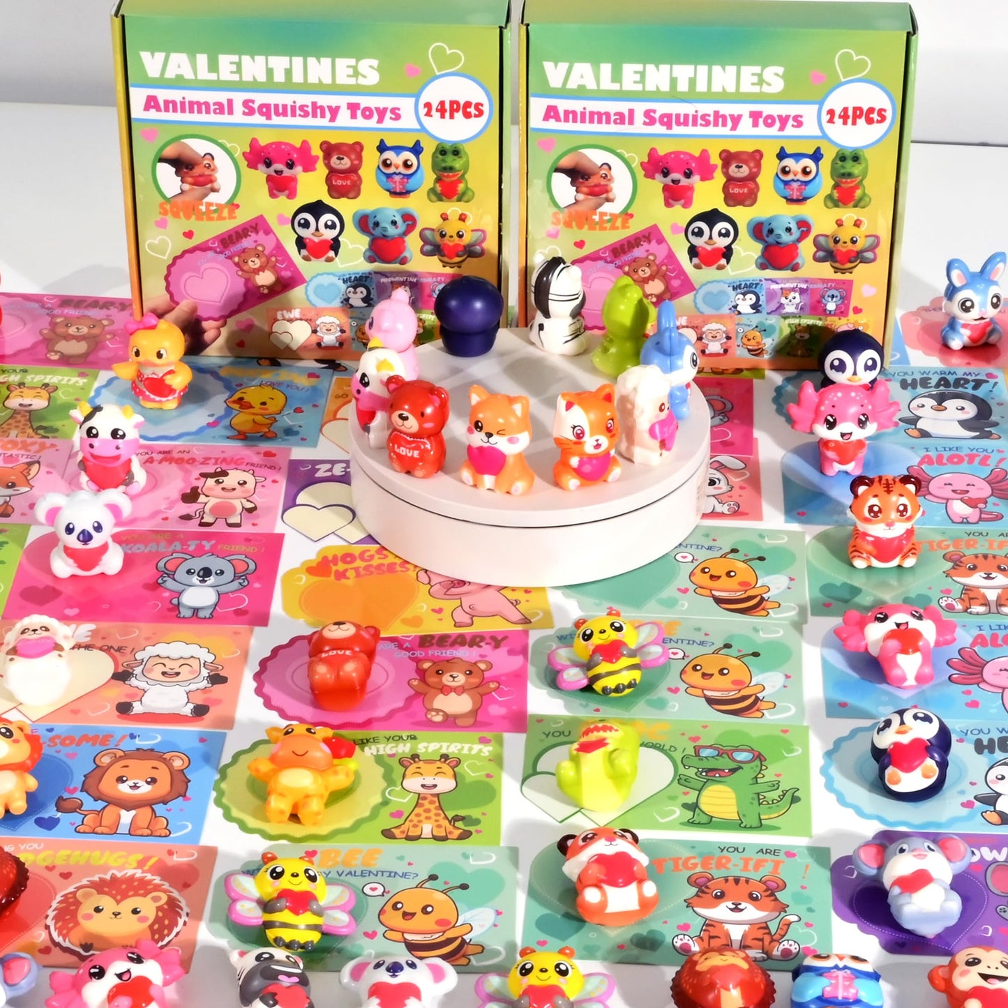 PLOUGVI 24Pcs Valentines Day Gifts for Kids – Animal Heart Squishy Toys & Cards