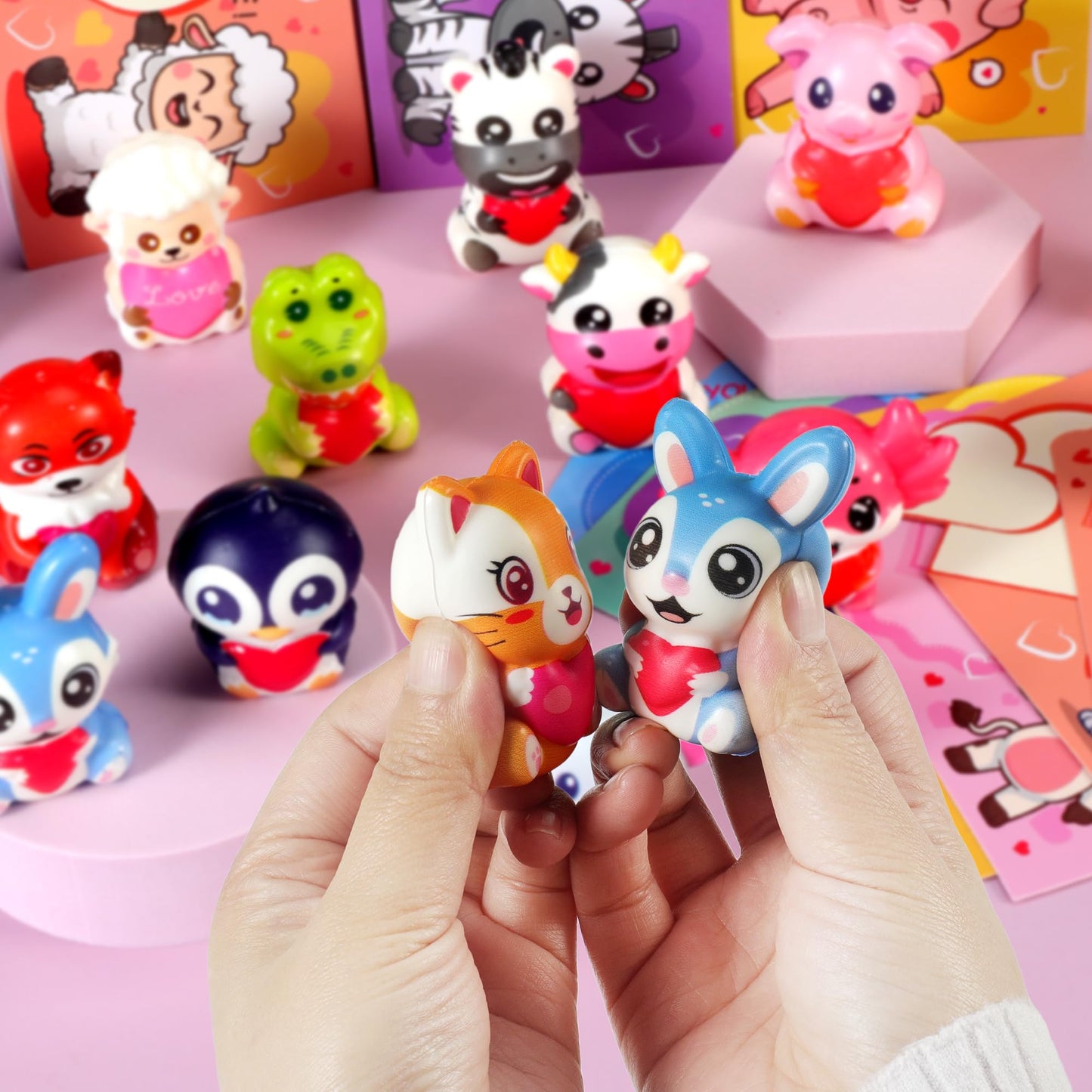 PLOUGVI 24Pcs Valentines Day Gifts for Kids – Animal Heart Squishy Toys & Cards