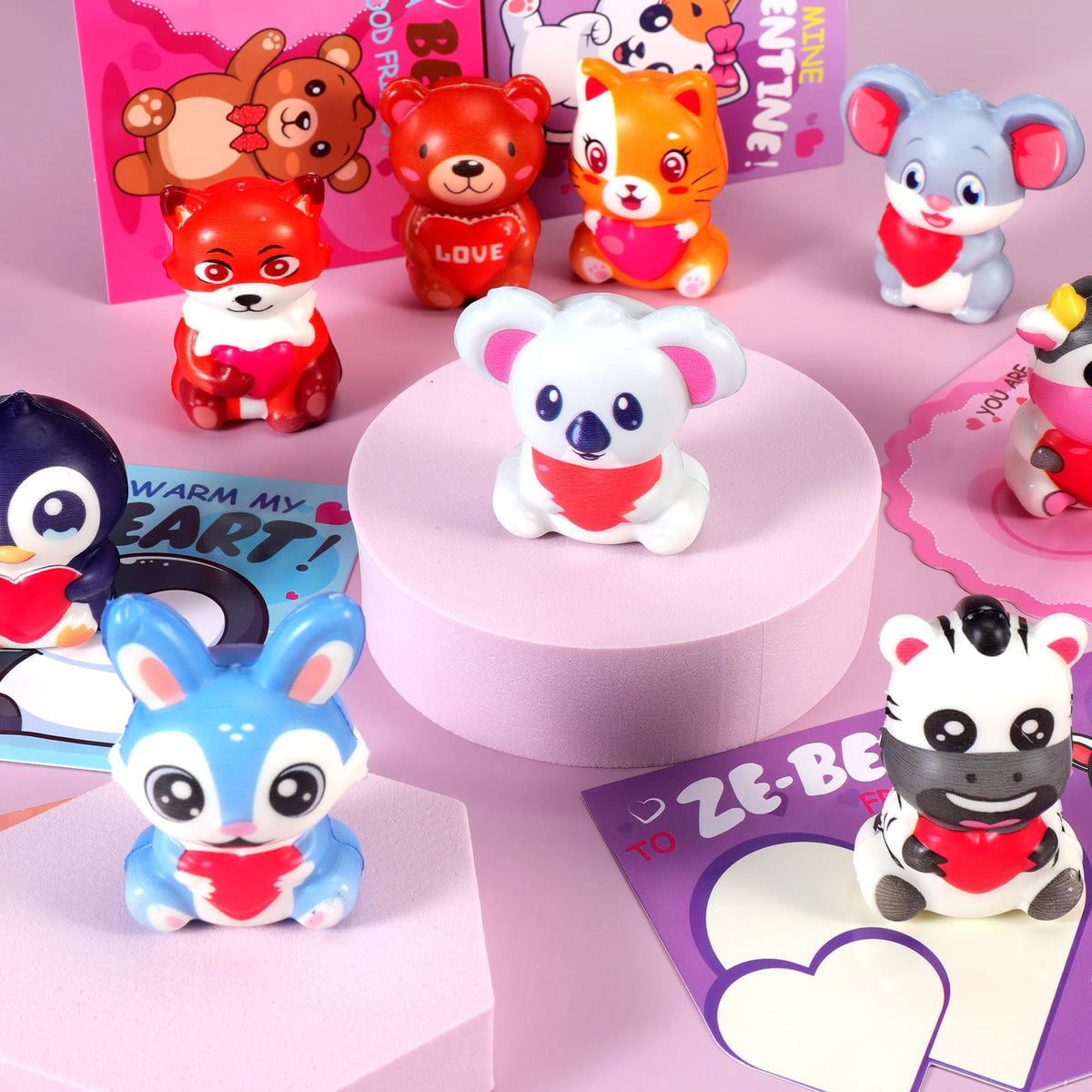 PLOUGVI 24Pcs Valentines Day Gifts for Kids – Animal Heart Squishy Toys & Cards