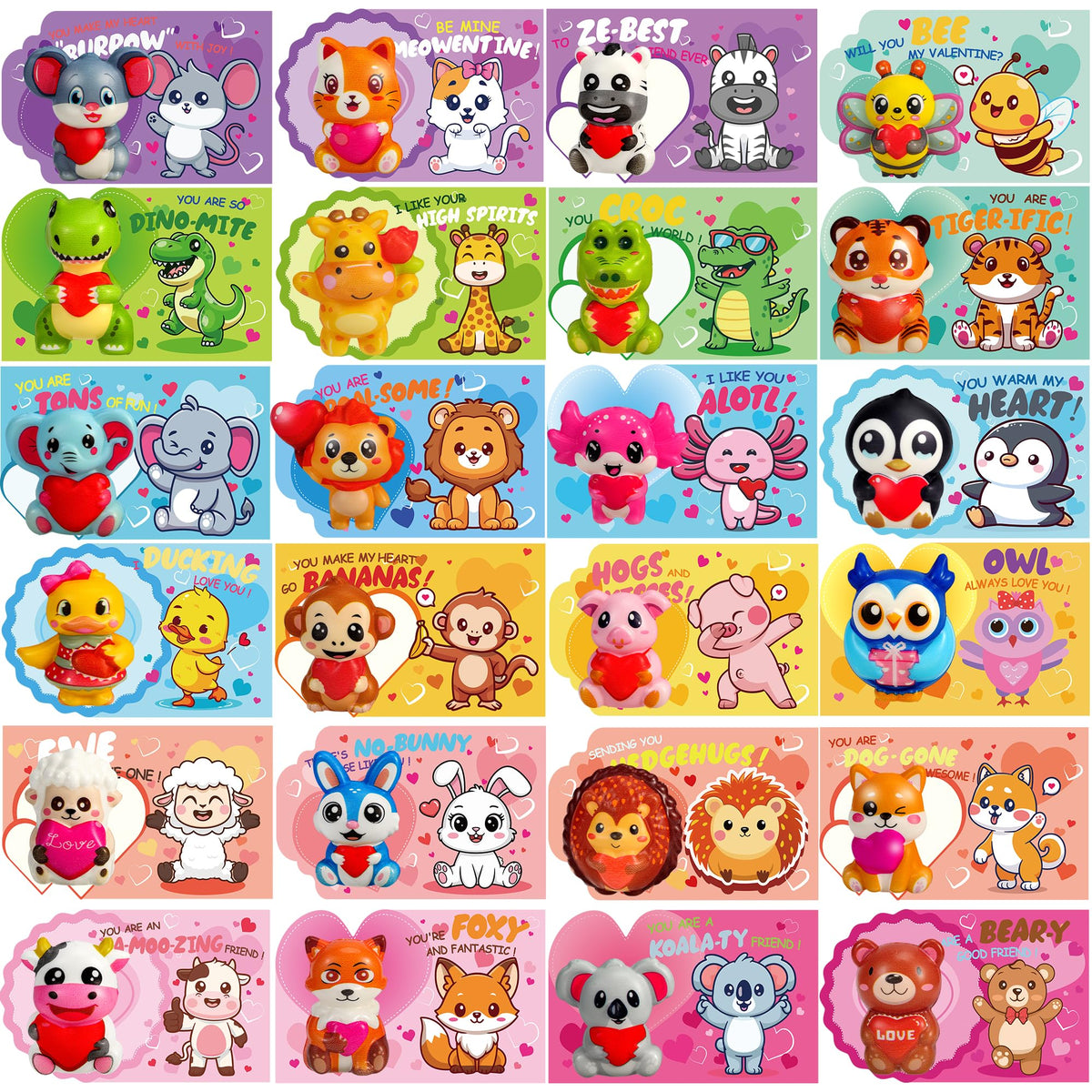 PLOUGVI 24Pcs Valentines Day Gifts for Kids – Animal Heart Squishy Toys & Cards