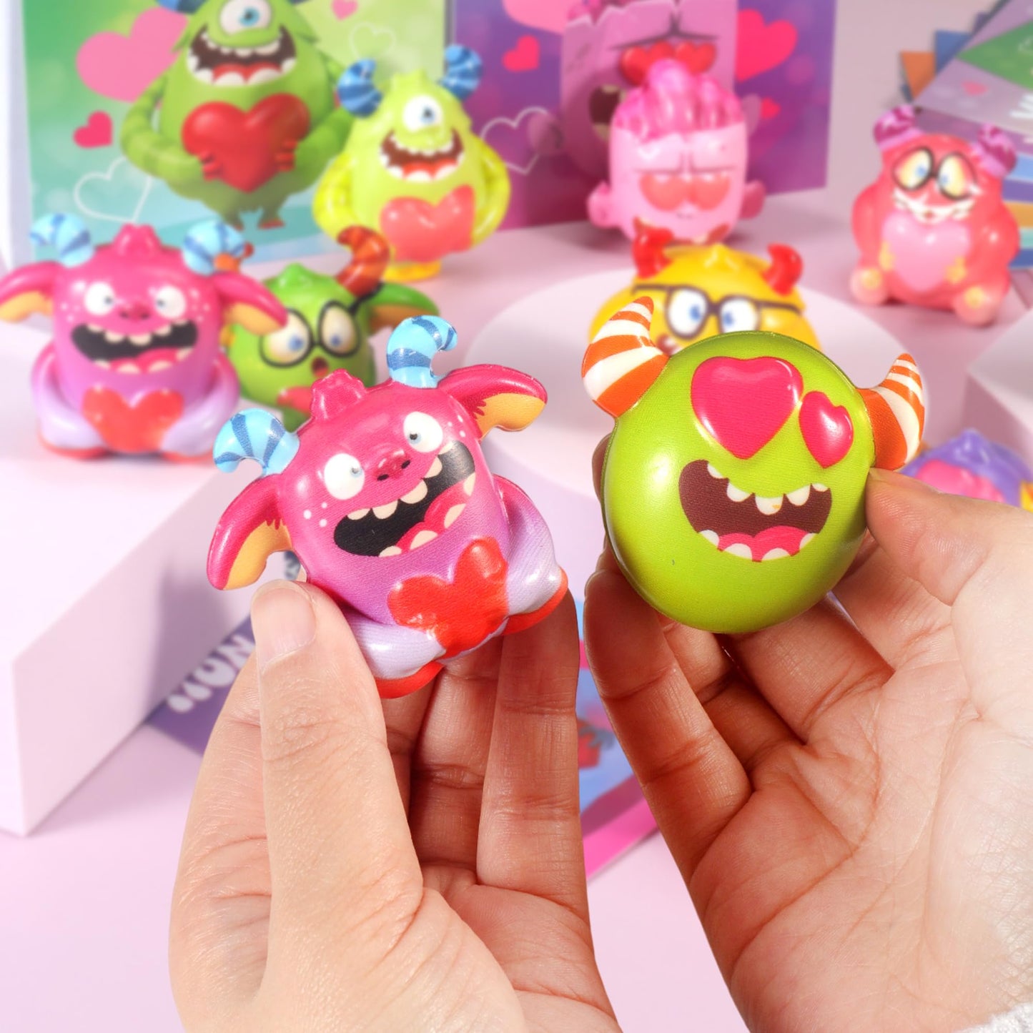 PLOUGVI 24Pcs Monster Heart Squishy Toys with Cards – Valentines Gifts for Kids