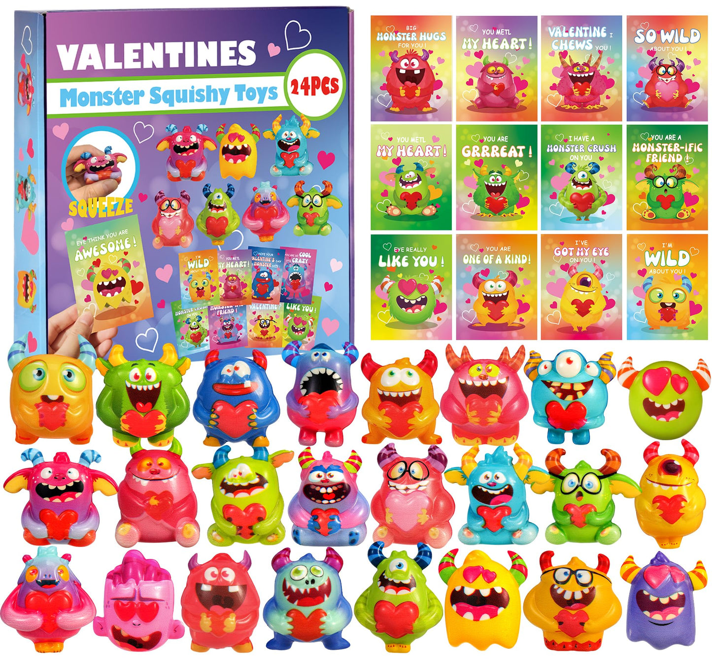 PLOUGVI 24Pcs Monster Heart Squishy Toys with Cards – Valentines Gifts for Kids