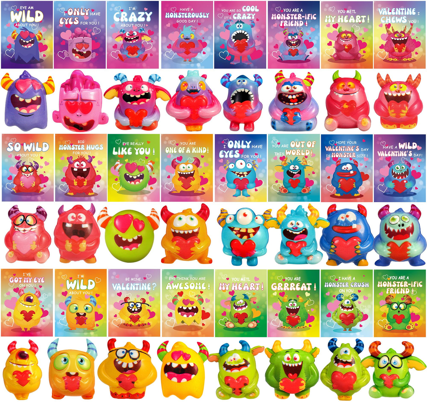 PLOUGVI 24Pcs Monster Heart Squishy Toys with Cards – Valentines Gifts for Kids
