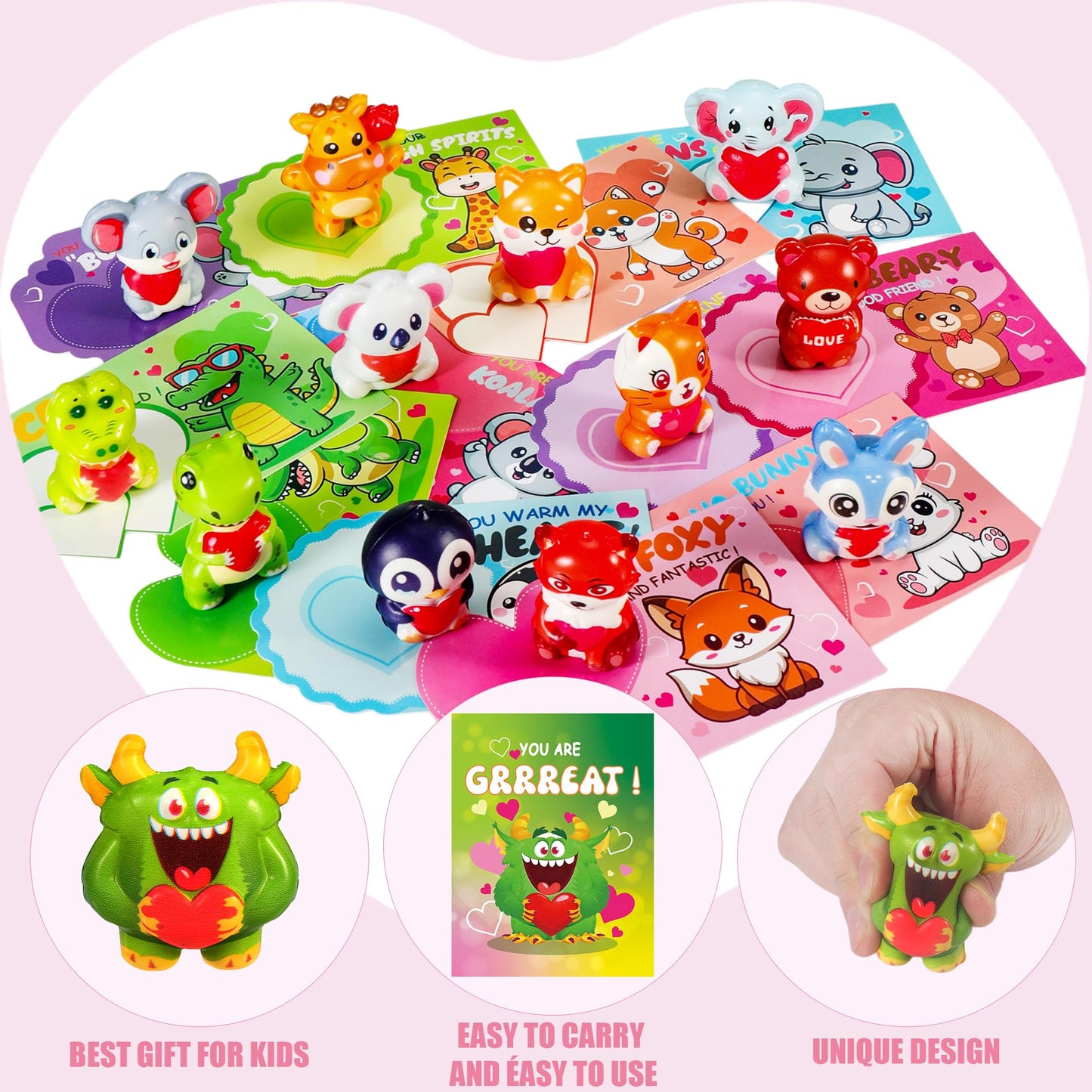 PLOUGVI 24Pcs Monster Heart Squishy Toys with Cards – Valentines Gifts for Kids