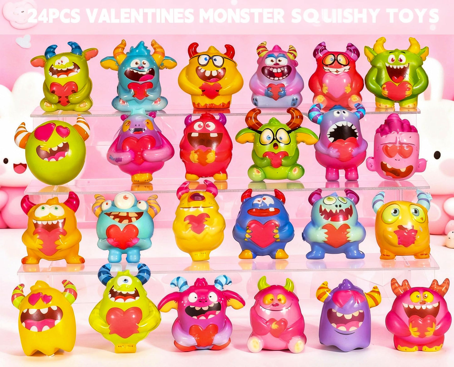 PLOUGVI 24Pcs Monster Heart Squishy Toys with Cards – Valentines Gifts for Kids