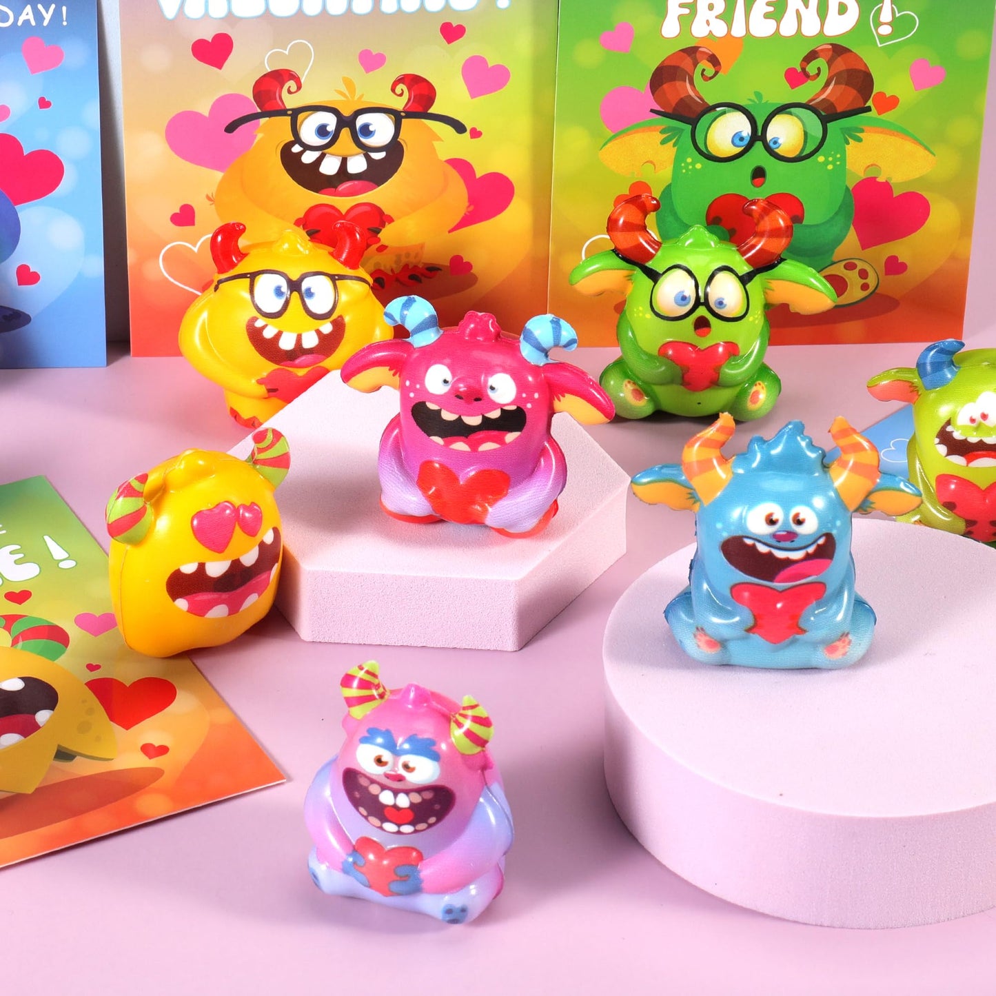 PLOUGVI 24Pcs Monster Heart Squishy Toys with Cards – Valentines Gifts for Kids