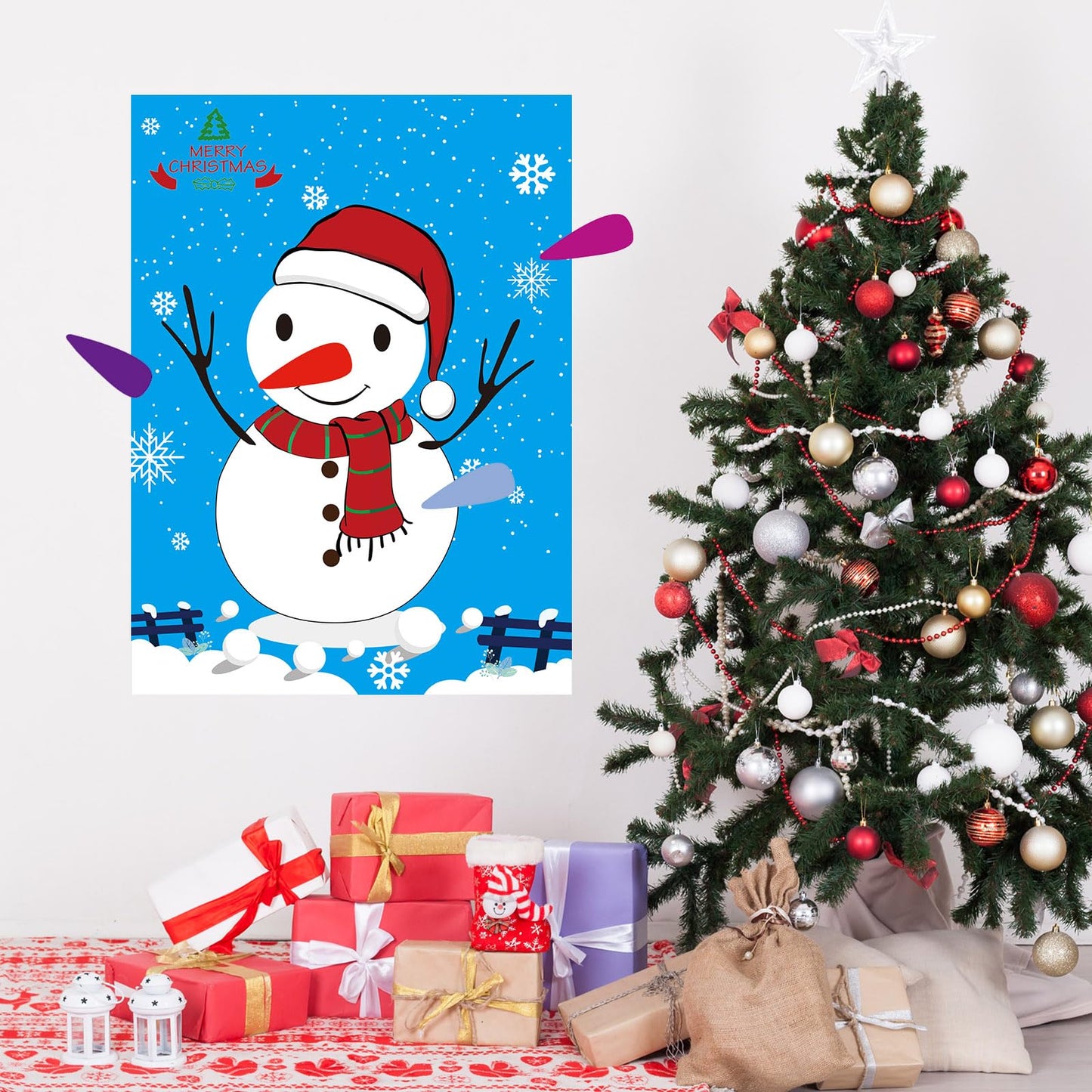 PLULON Snowman Nose Pin Game Set – Large Poster Backdrop for Christmas