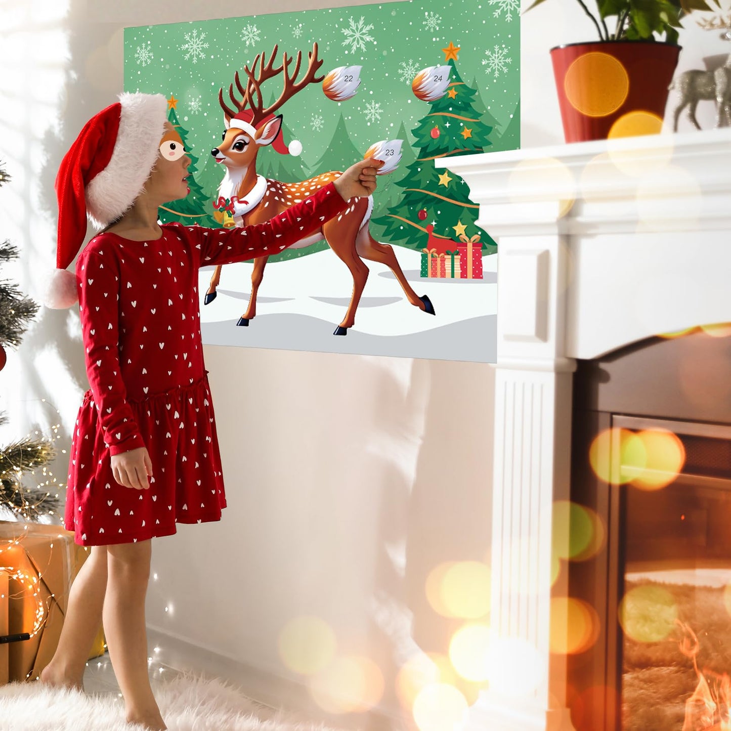 PLULON Pin The Tail on The Deer Christmas Game – Large Poster Backdrop for Kids' Parties